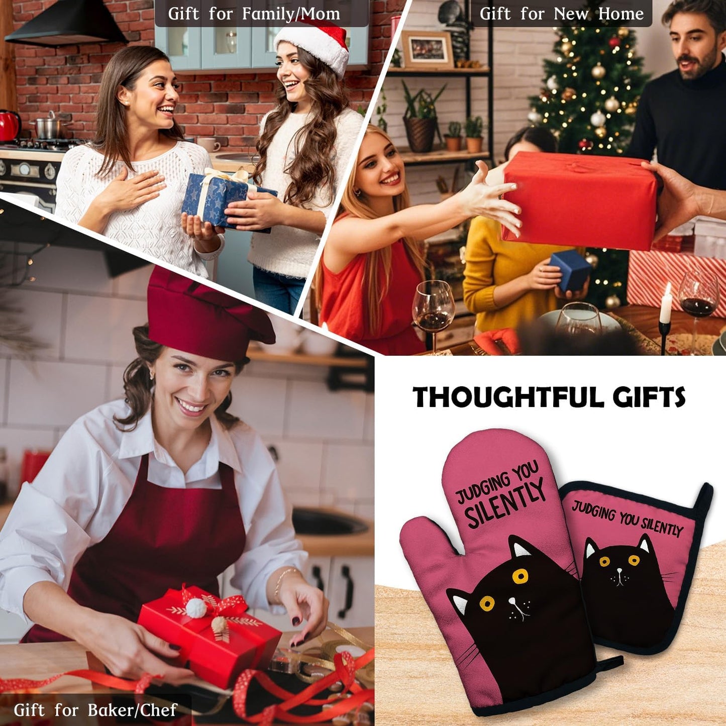 ZHANTUONE Judging You Silently Funny Heat Resistant Oven Mitts and Pot Holders Set with Silicone Non-Slip, Cute Cat Cooking Baking Gadgets, Gifts for Mom Aunt Sister BFF Cat Lover