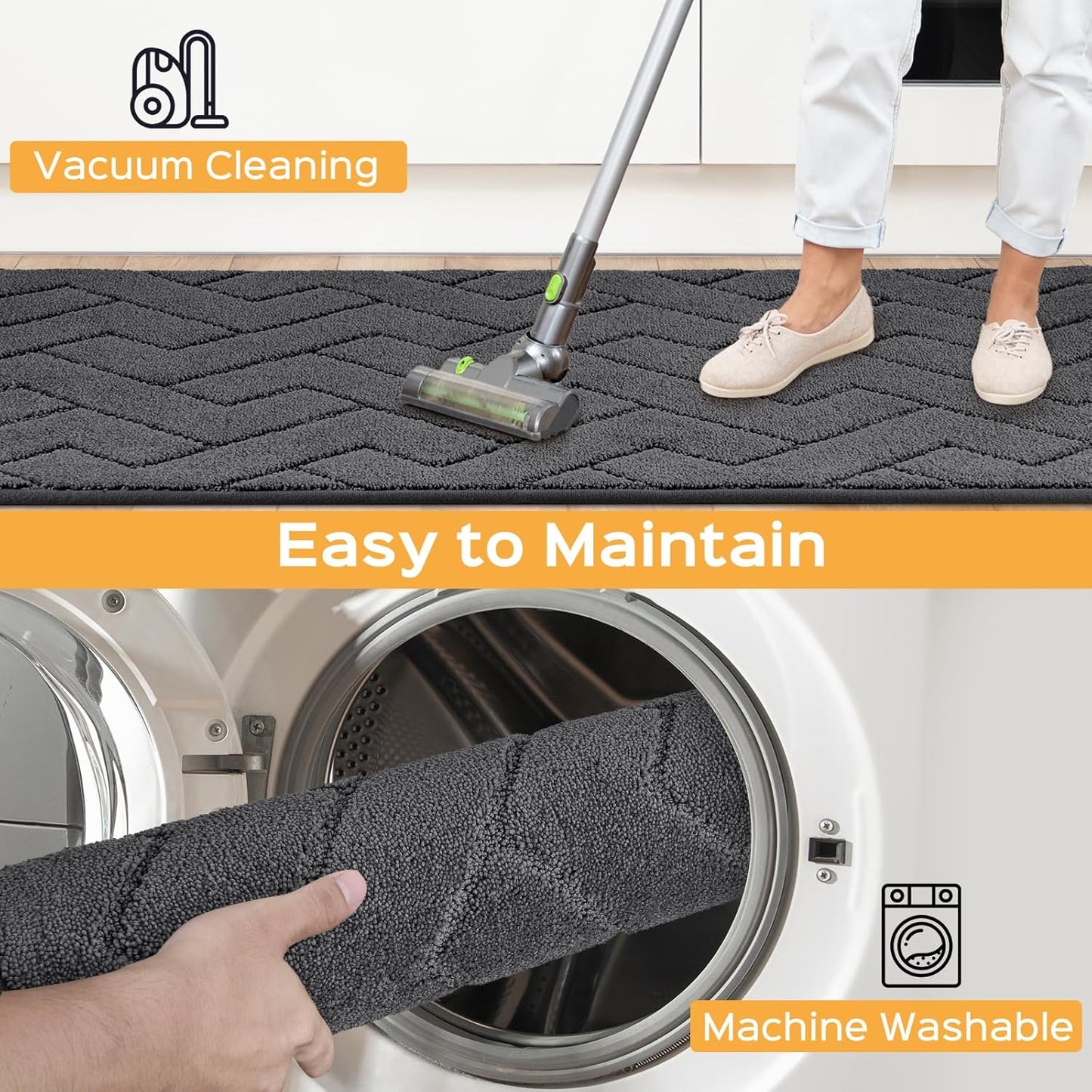 Machine Washable Kitchen Rugs Set (24" x 36"+24" x 60"), Non-Slip Kitchen Runner Rugs Mats for Floor, Absorbent Comfort Standing Mats for Kitchen, Sink and Hallway, Rolled Packaging, Charcoal