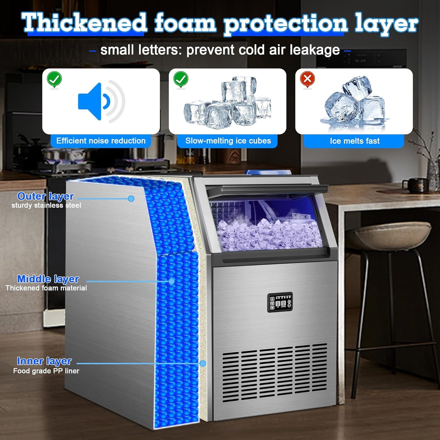 Commercial Ice Maker Machine 200lbs/24H with 34lbs Storage, Stainless Steel Undercounter/Freestanding Ice Machine 2 Water Inlet Modes 55Ice/Cycle, Self-Cleaning for Homes Restaurants Bars