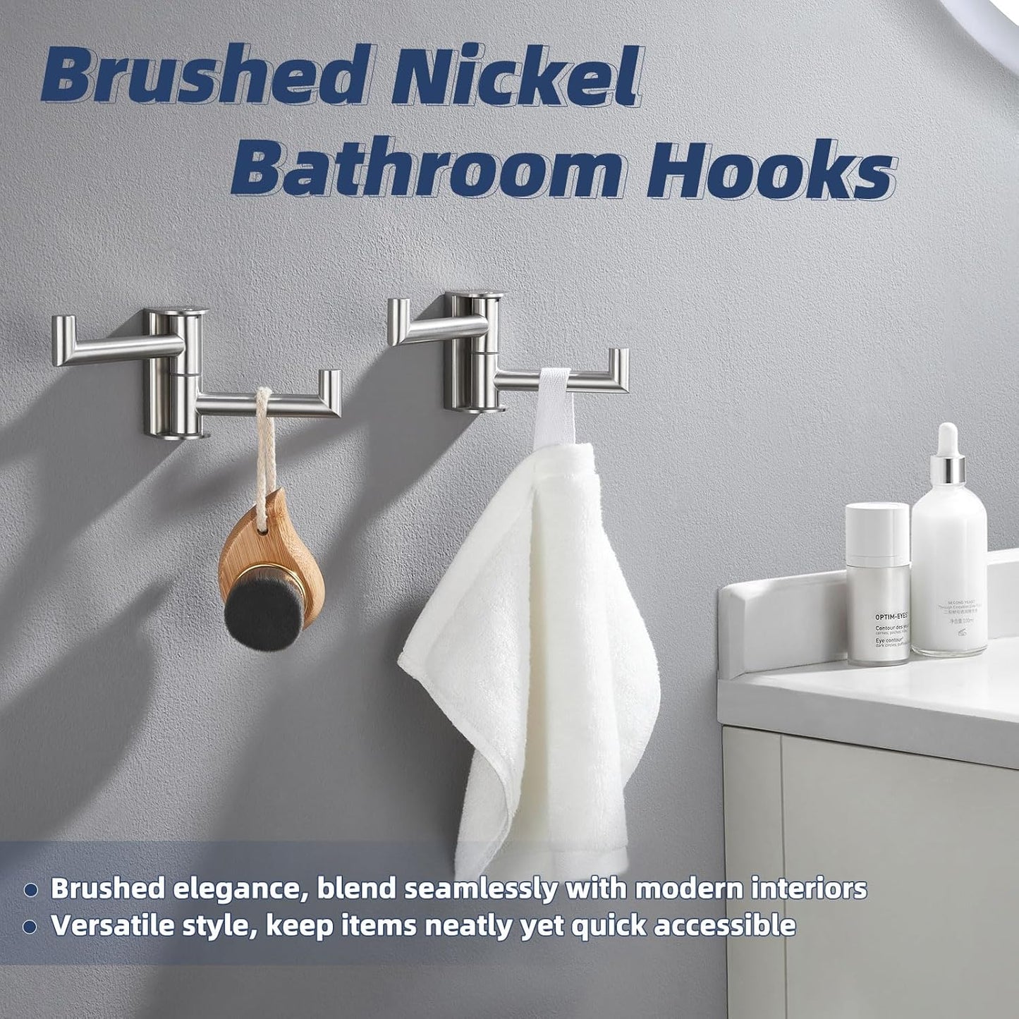 APLusee 2 Pack Swivel Coat Hooks Brushed Nickel, 304 Stainless Steel Foldable Bathroom Towel Hooks with 2 Rotating Arms, Wall Mounted