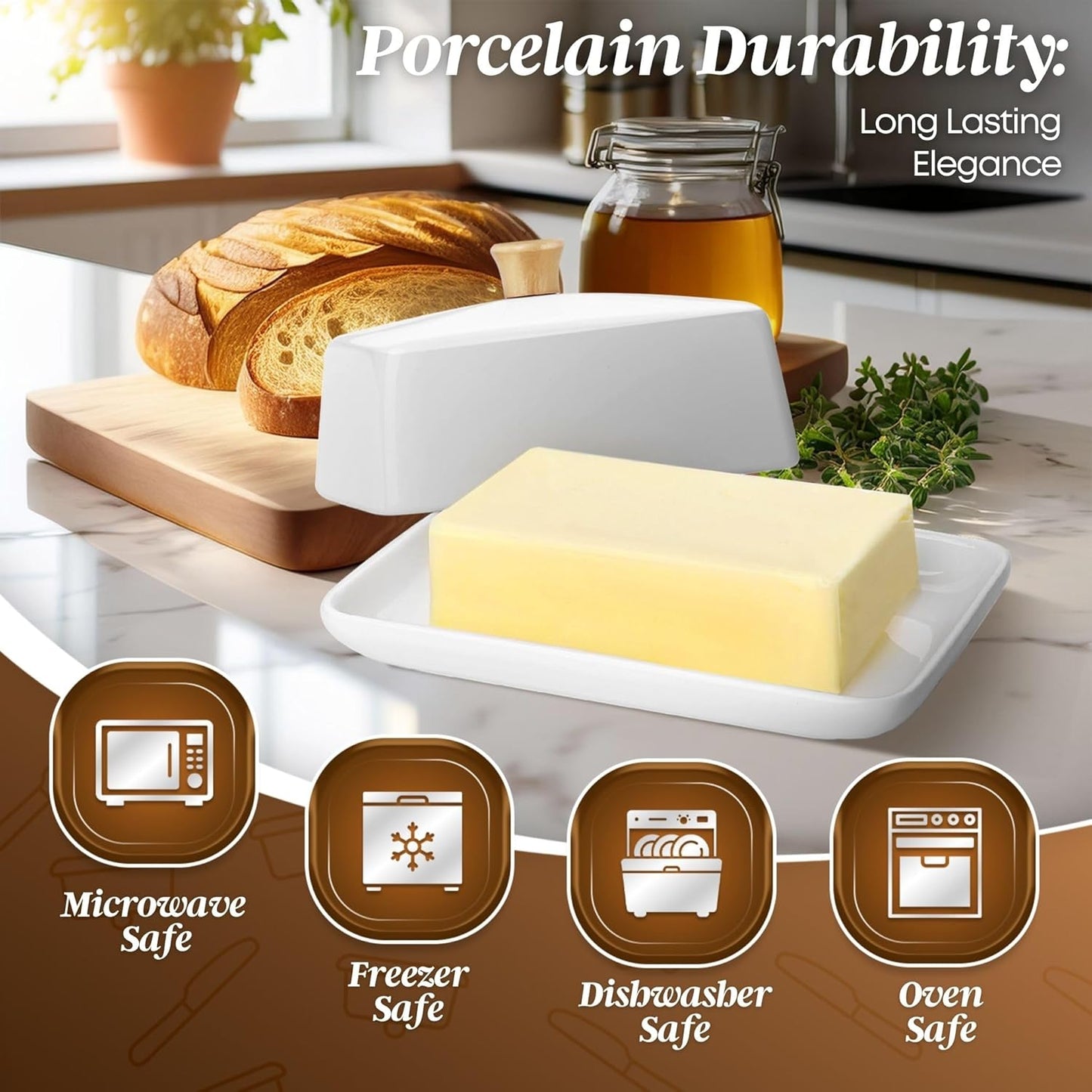 Flexzion Ceramic White European Butter Dish with Lid for Countertop (8 Inch) - Wide 2 Stick Double Butter Holder for Counter, Cream Cheese Container Storage Keeper