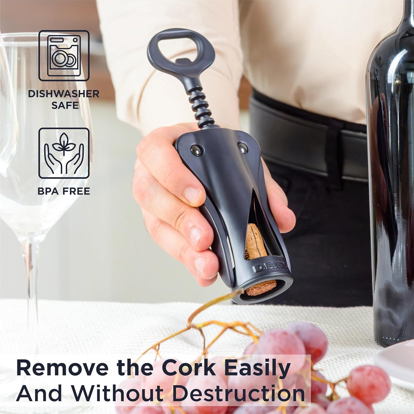 Deiss LUX Wine Opener, All-Metal Wing Corkscrew Wine Bottle Opener with Built-in Beer Bottle Opener - Ergonomic Cork Screw Wine Corker, Silver Matte Coating, Velvet Storage Pouch (BLACK)