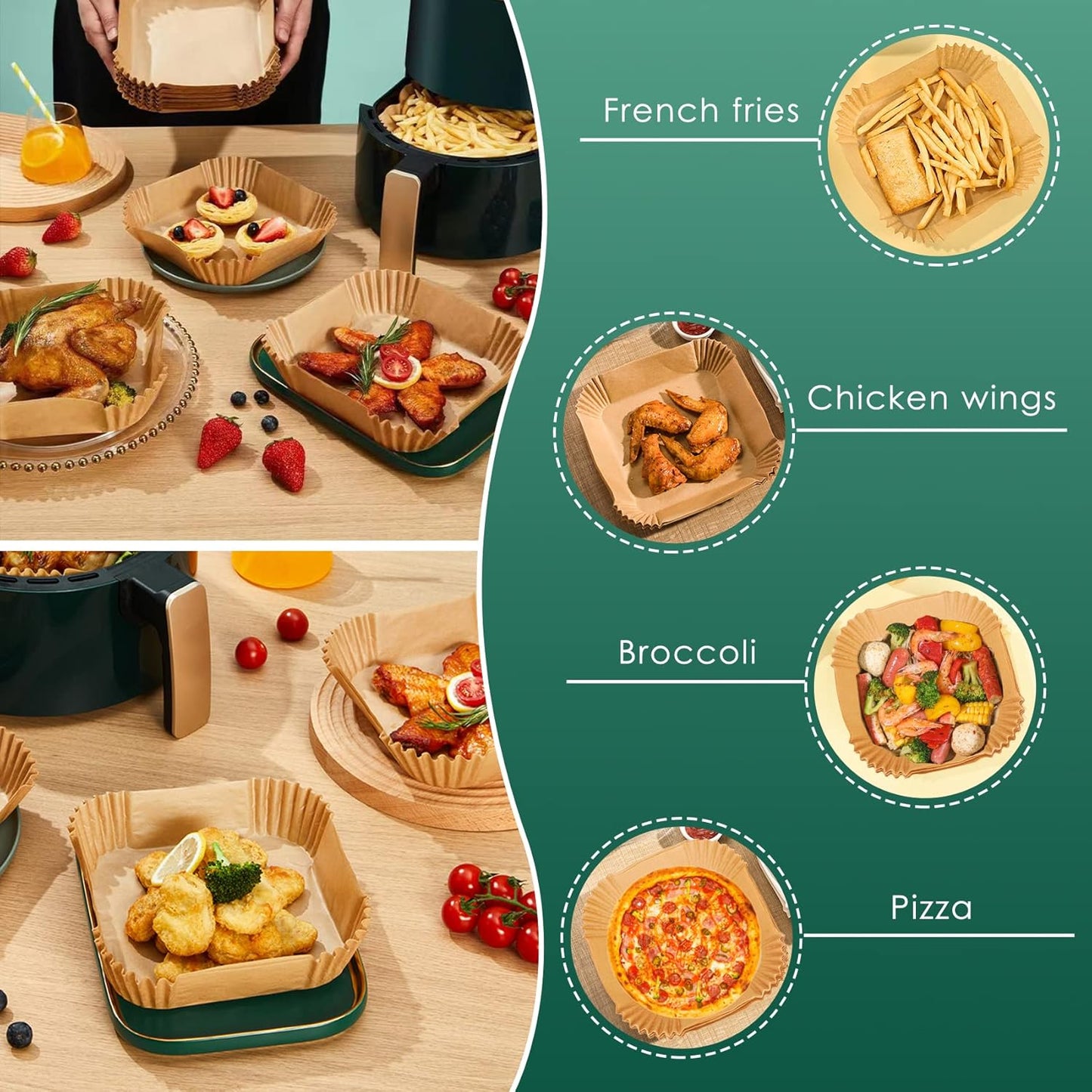 Air Fryer Paper Liners, 125Pcs Parchment Paper, Air Fryer Liners Disposable for Microwave, Non-Stick Air Fryer Liner Square Free of Bleach (8IN)