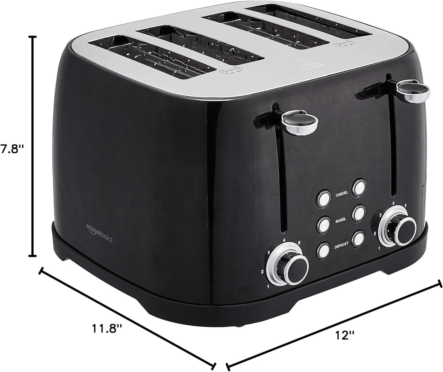 Amazon Basics 4 Slice Toaster, 6 Browning Settings, Removable Crumb Tray, Bagel and Defrost Function, Cancel Button, 1600W, Black