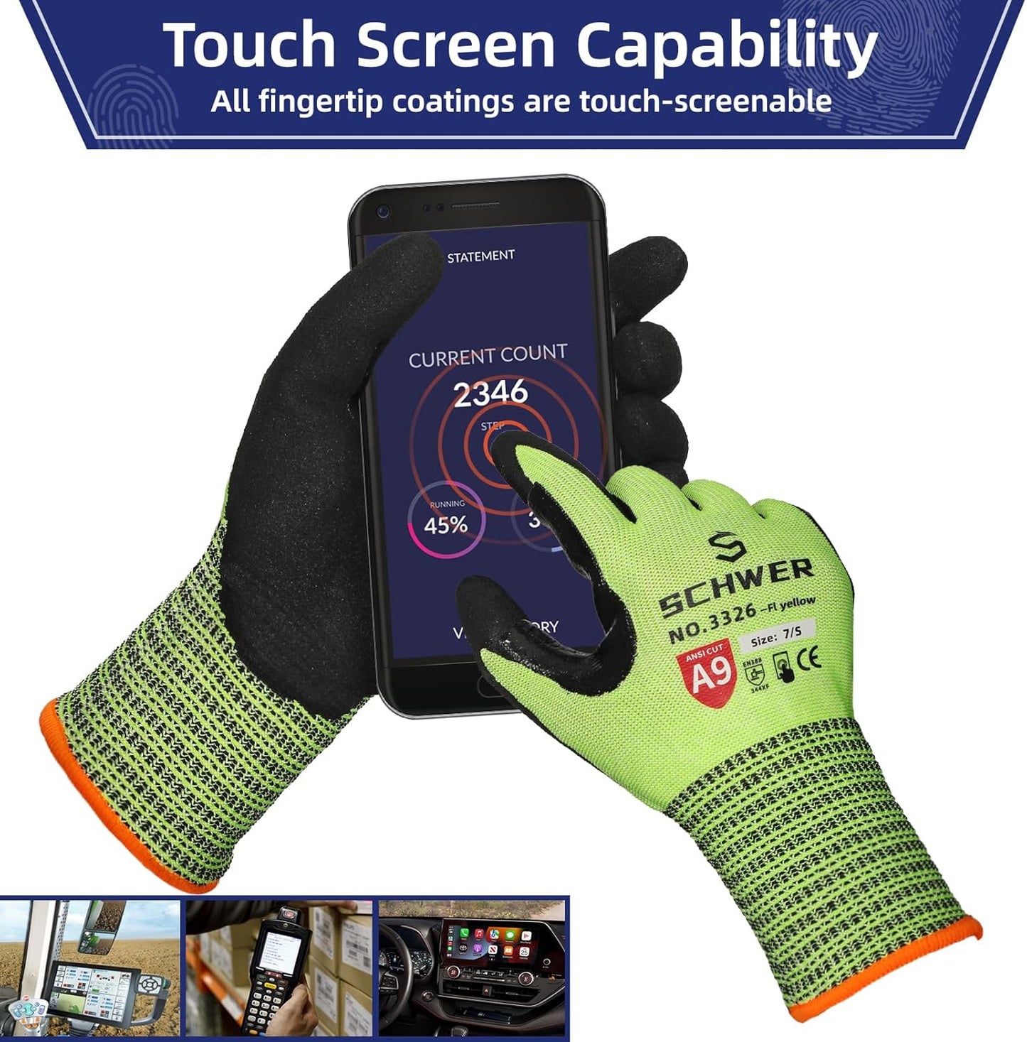 Schwer ProGuard Highest Level Cut Resistant Work Gloves PR3326 for Extreme Protection,ANSI A9 Cut Gloves with Reinforced Thumb, Non Slip, Non PFAS, Durable, Touch-screen, Yellow 2 Pairs(M)