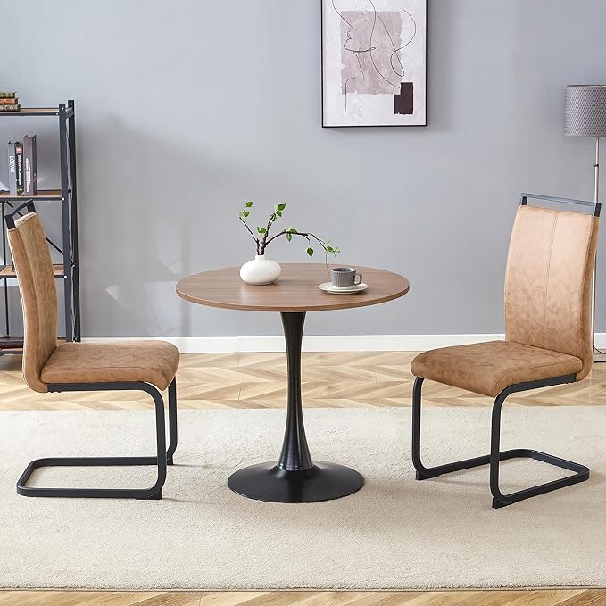 32" Round Dining Table Set for 2, Indoor Bistro Table and Chairs Set of 2, Breakfast Table Set with Leather Upholstered Chairs, Ideal for Apartment,Kitchen, Office, Save Space(Black)