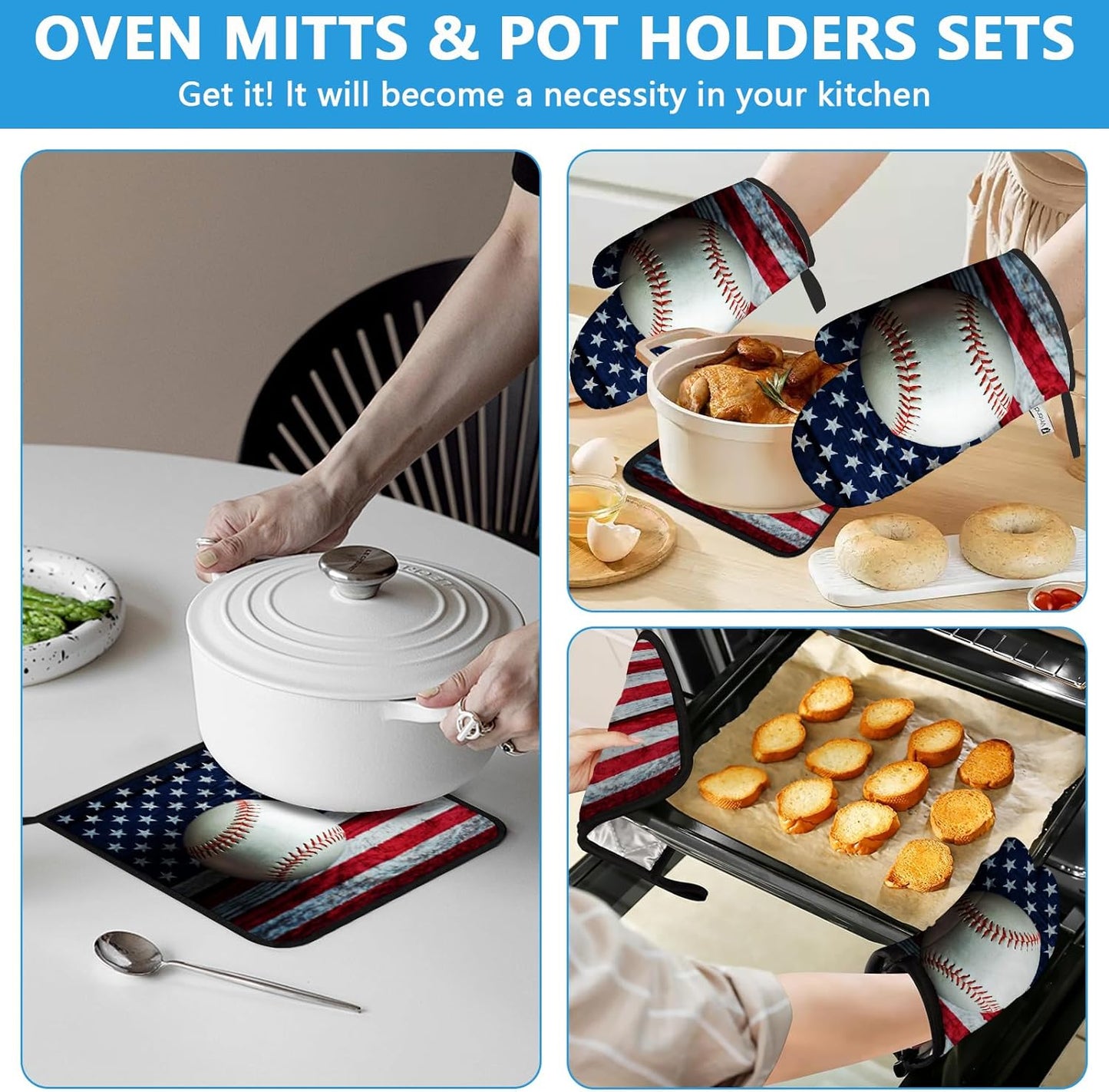 American Flag Baseball Oven Mitts and Pot Holders Sets Heat Resistant 4Pcs Potholders Oven Gloves Hot Pads for Kitchen Baking Cooking Grilling BBQ