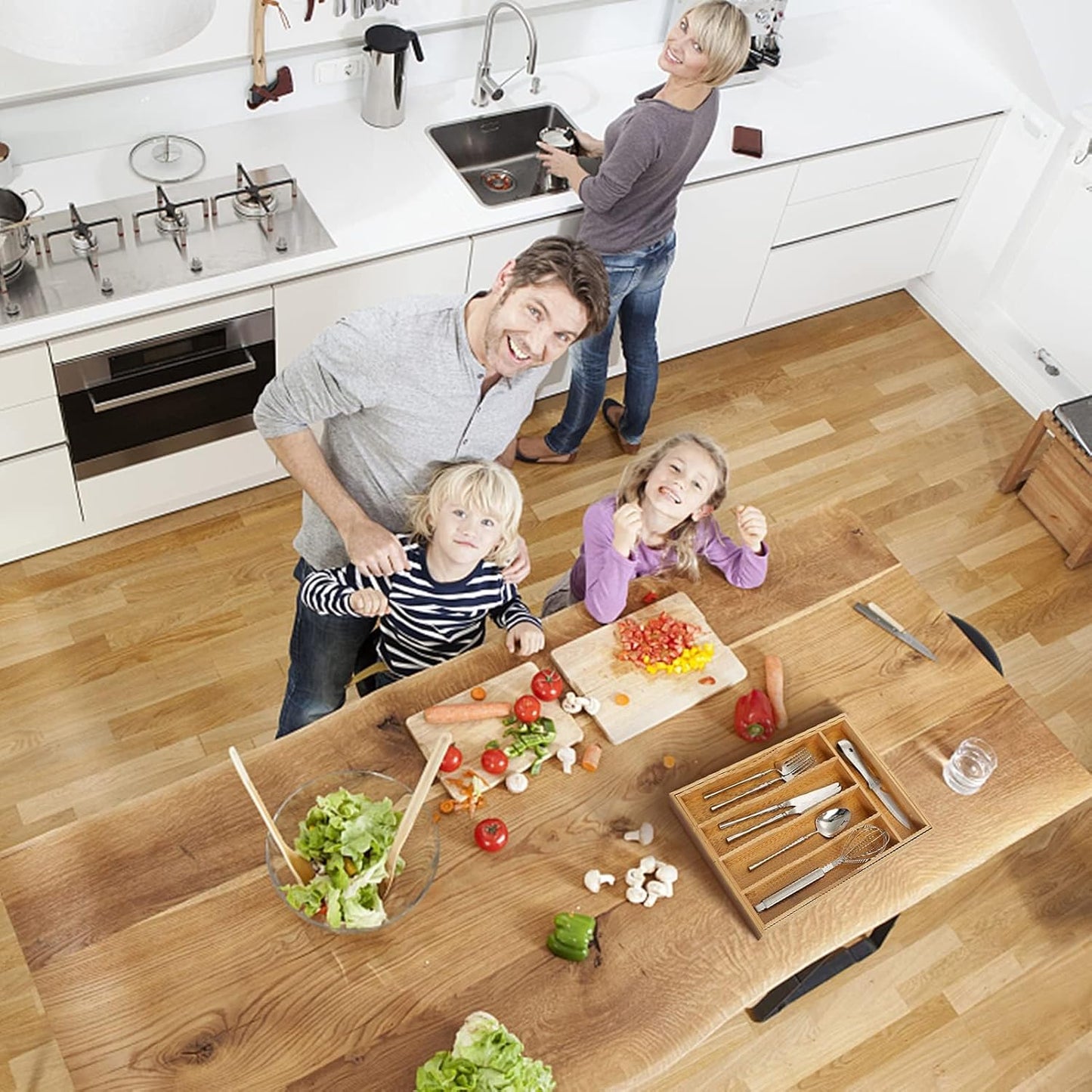 2-Piece Bamboo Silverware Organizer, Expandable Kitchen Drawer Organizer for Cutlery and Utensils, Multifunction Adjustable Bamboo Wood Cutlery Tray in Drawer for Flatware, (Natural)