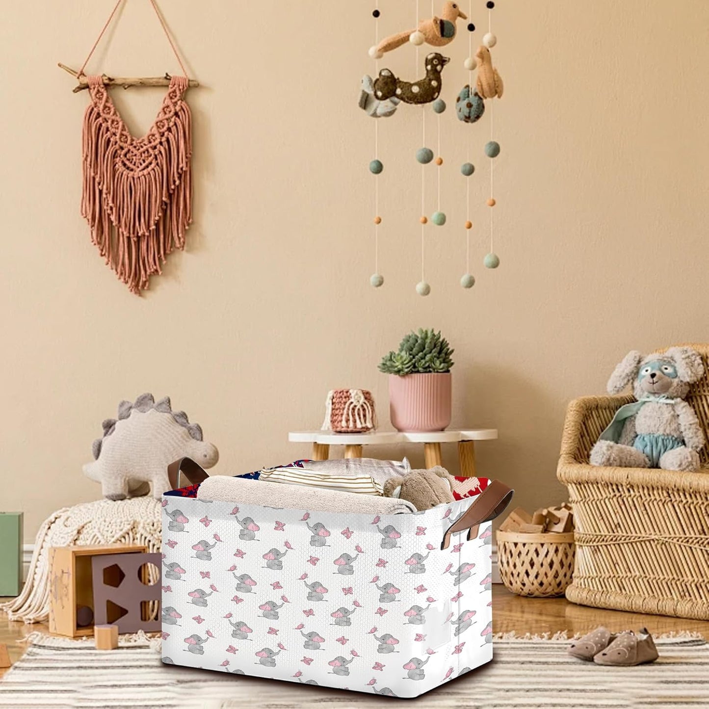 Foldable Collapsible Storage Bin with Elephant & Butterfly Pattern-17x11.5x10.5 Inch Organizer Basket for Nursery, Kids Room, Closet, Toy Storage-Single Pack, Space-Saving Home Decor