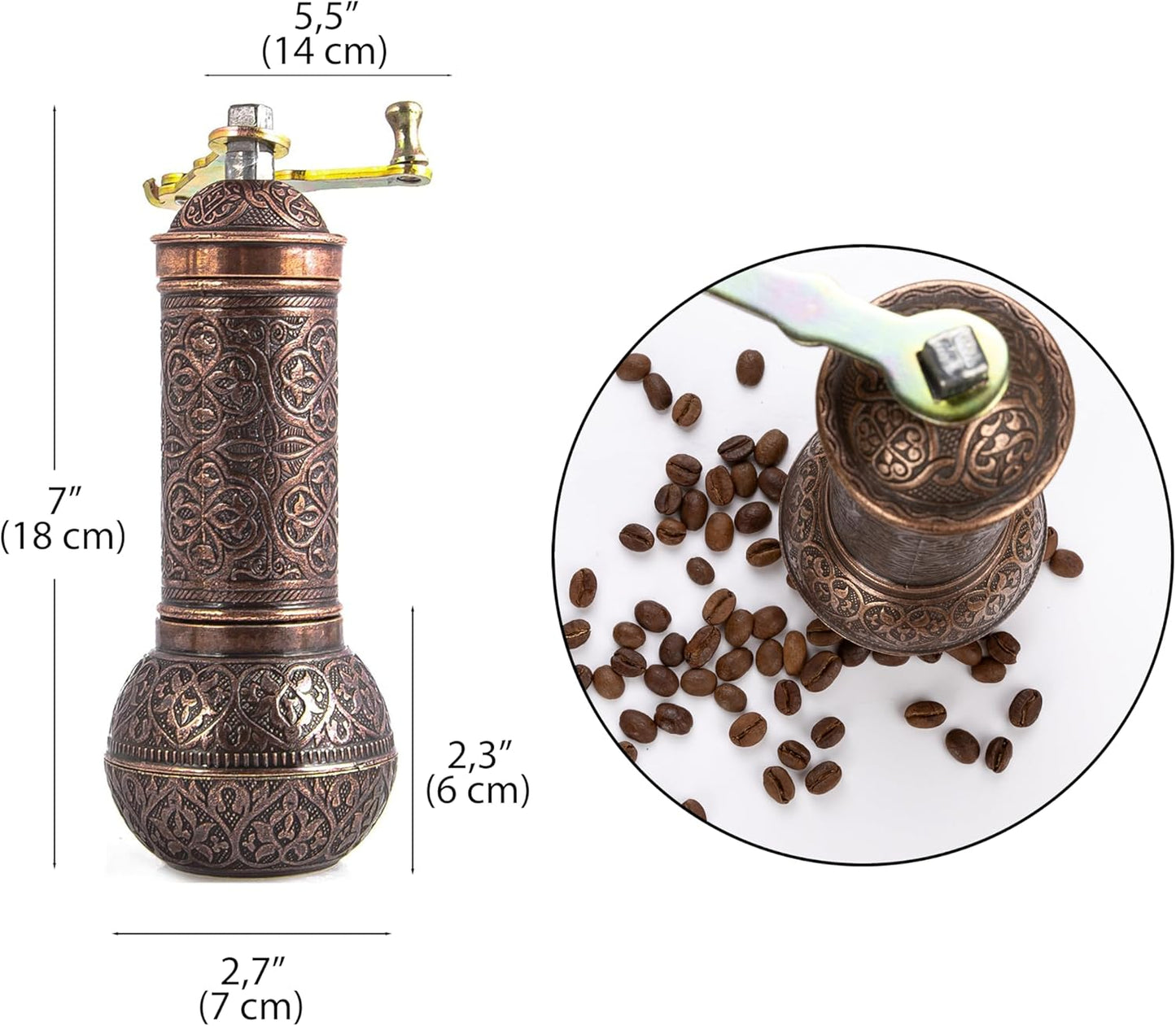 Decorative Handmade Coffee Grinder, Refillable Turkish Spice Mill, Manual Coffee Mill with Handle, Coffee Grinder Metal with Hand Crank 18 cm-7.1 inch