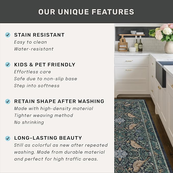 Cottagecore 5x8 Throw Rugs for Living Room, Washable Forest Rugs for Dining Room, Non Slip 5 by 8 Bedroom Under Bed, Low Pile Soft Carpet (Navy Blue & Deep Teal)