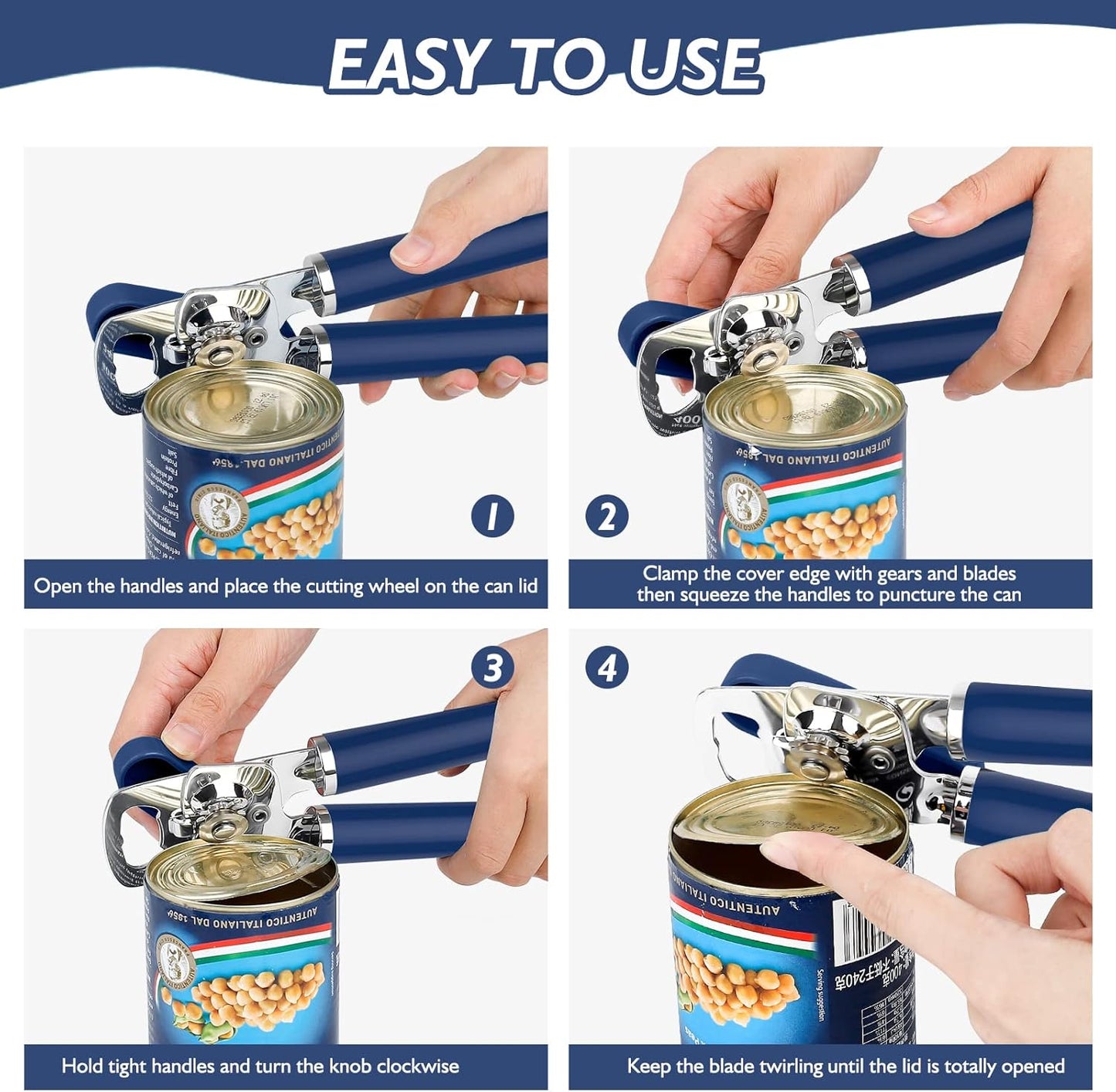 10 Colors Can Opener Manual Handheld Heavy Duty Hand Can Opener Smooth Edge Stainless Steel Can Openers Top Lid Kitchen Gadgets, Best Large Rated Easy Turn Knob, with Bottle Opener, Navy Blue