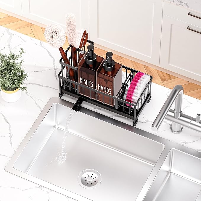 Cisily Dish Soap Dispenser, 12 fl oz Dual Kitchen Soap Dispensers with Sponge Holder, Plastic Pump Amber Glass Bottle Kitchen Soap Dispenser Set, Modern Hand and Dish Soap Bottle Set Removable