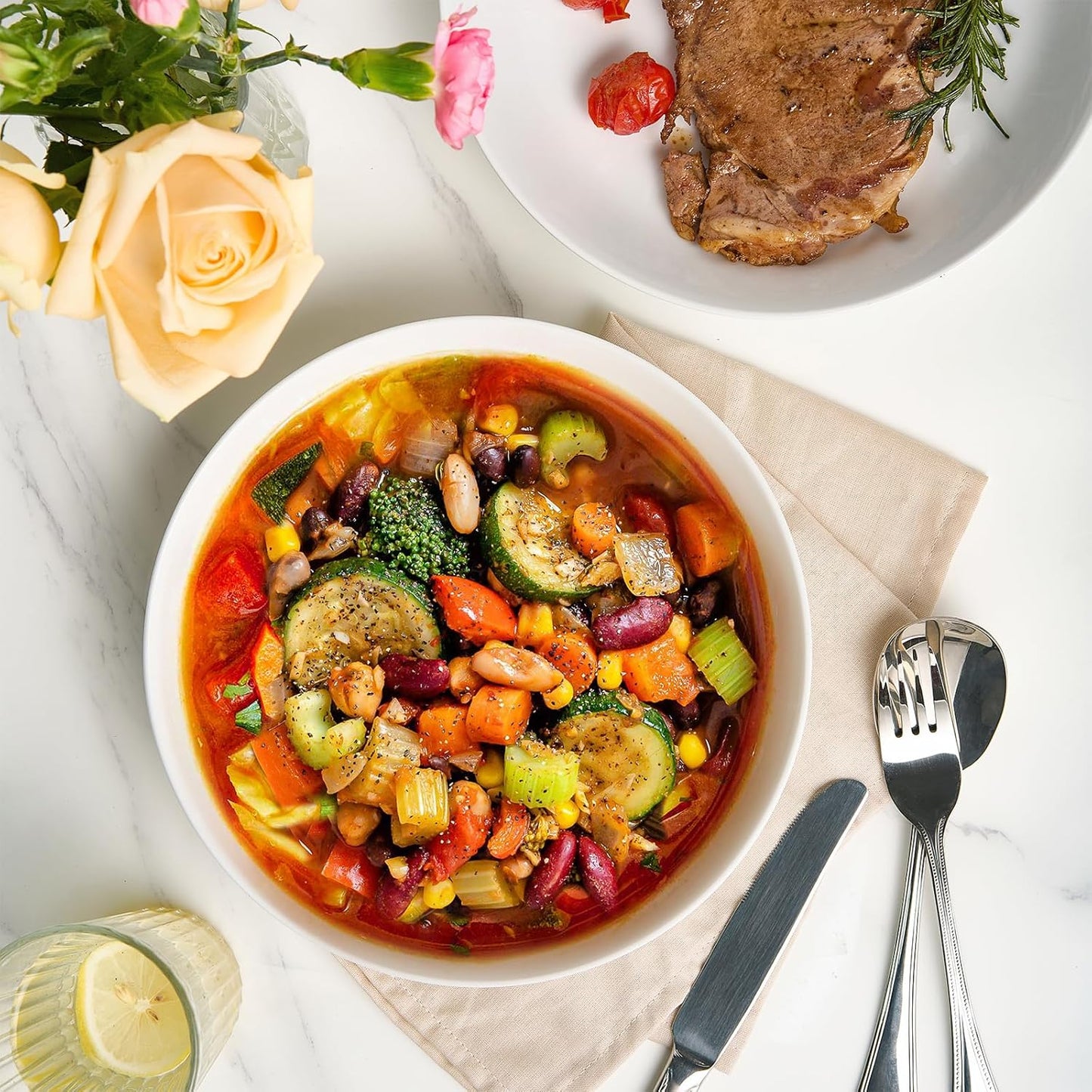 Y YHY 9" Pasta Bowls, 40oz Large Salad Bowls Set of 6, Wide Shallow Ceramic Bowls for Serving Soup, White Dinner Plates Set for Kitchen, Microwave Dishwasher Safe