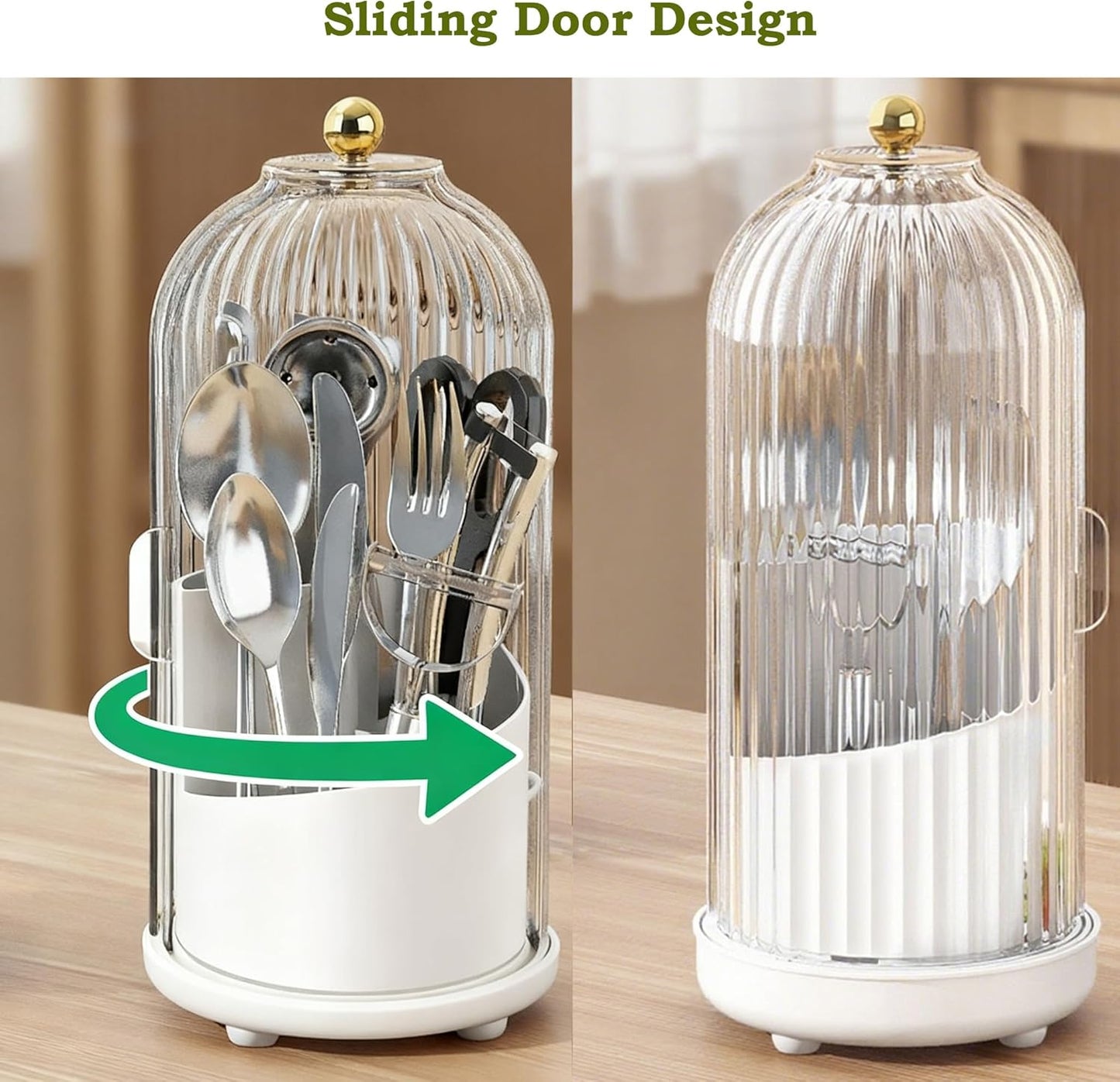 JEESA Utensil Holder with Lid, 360° Rotating Flatware Organizer for Cutlery Spoon Fork(H Less 8"), Silverware Caddy Organizer Drainage Dustproof Flatware Holder Kitchen Countertop Storage, White