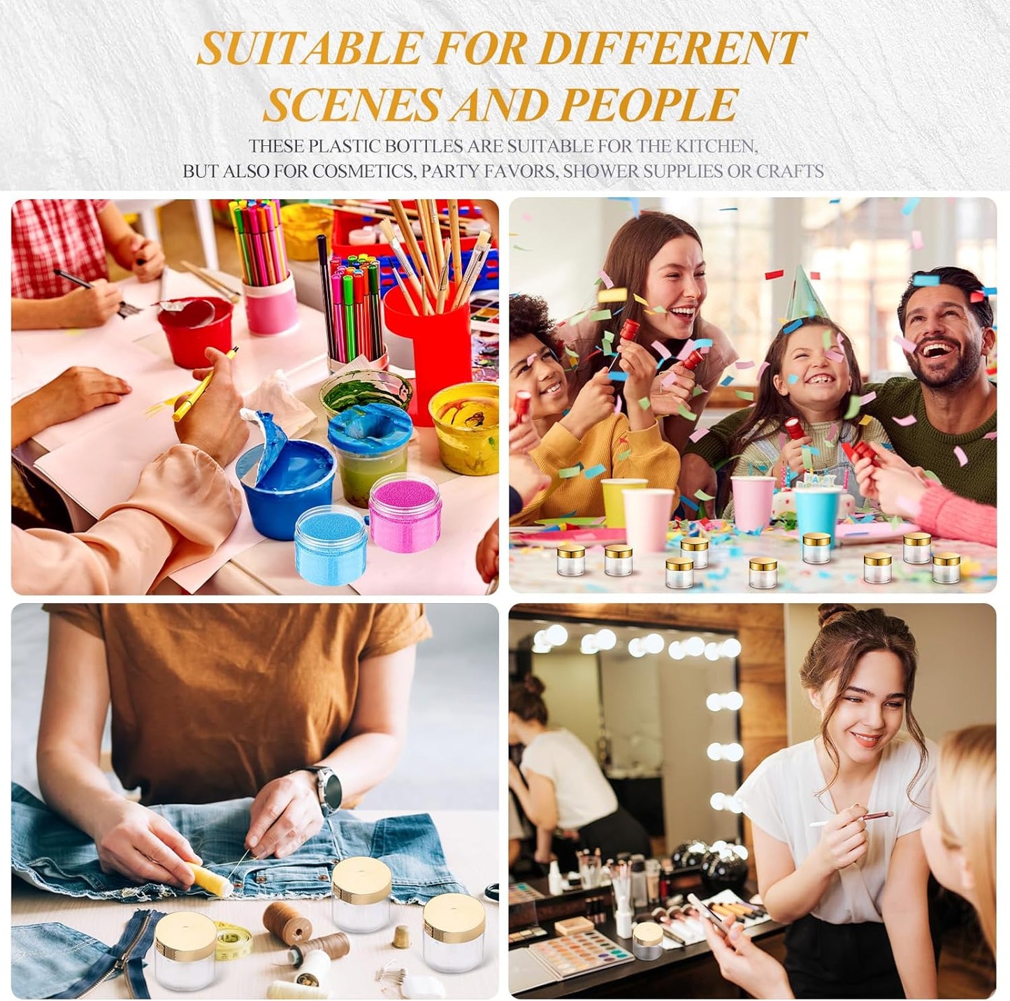 SATINIOR 6 Pack 10 oz Plastic Jars Containers with Lids Wide-mouth Refillable Leakproof Reusable Round Empty Jars for Travel Cosmetic Dry Food Spice Cookie Candy Home Kitchen Organizing(Gold)