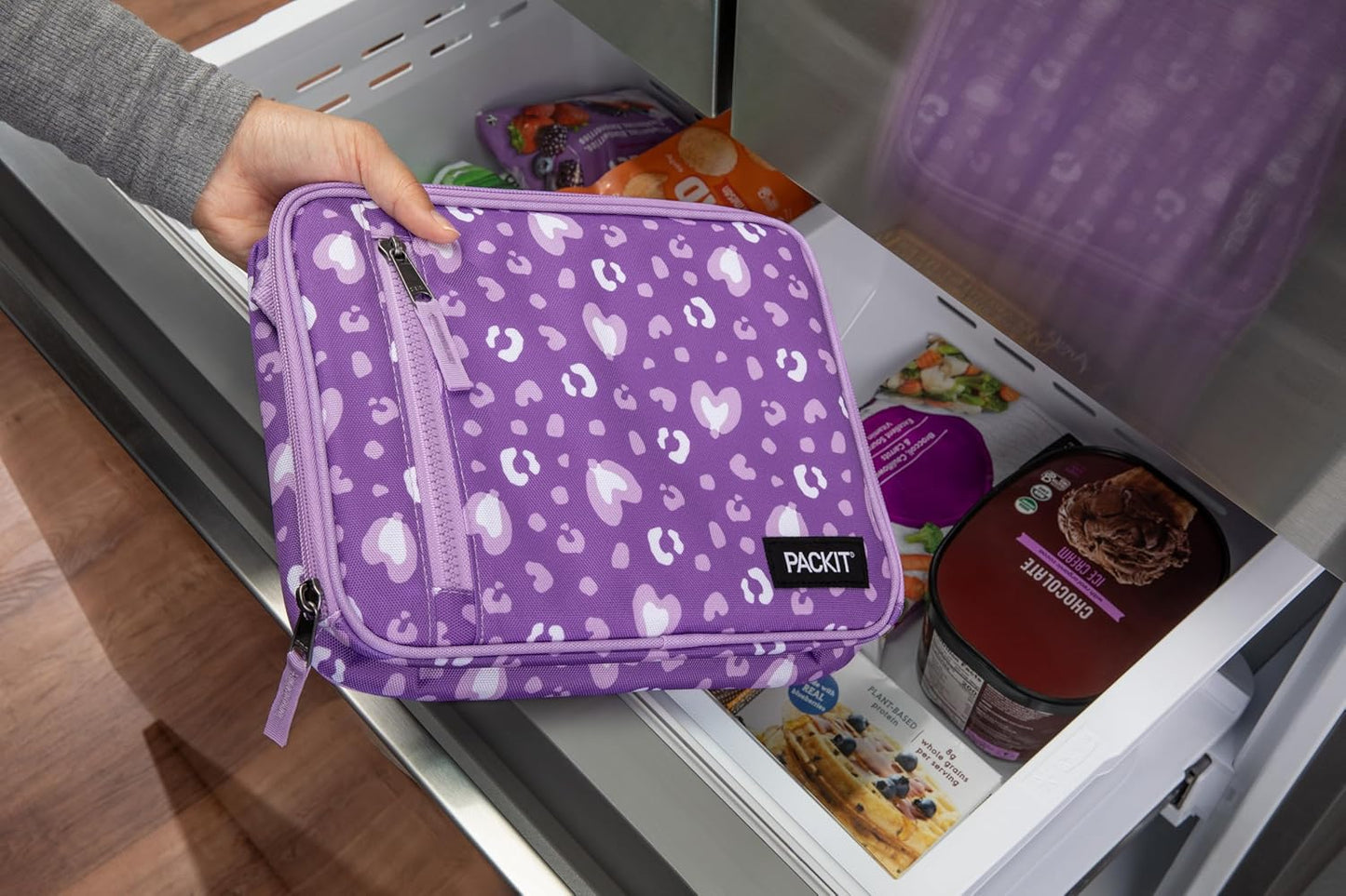 PackIt Freezable Classic Lunch Box, Leopard Hearts Purple, Built with ECOFREEZE Technology, Reusable, Zip Closure With Zip Front Pocket and Buckle Handle, Designed for Fresh Lunch On the Go