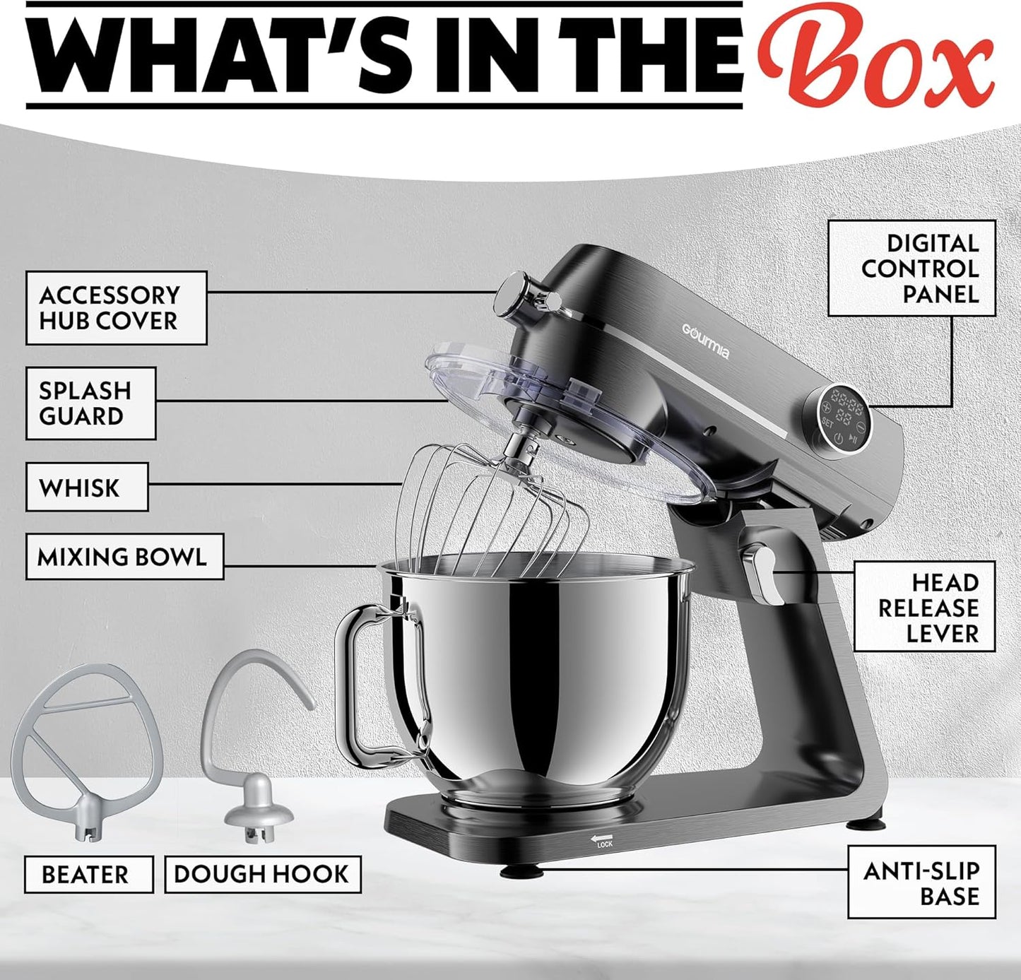 Gourmia 7 Qt Stand Mixer w/Attachments, Bowl Shield, Dough Hook, Whisk & Beater - 10-Speed Heavy Duty Kitchen Countertop Electric Dough Mixer