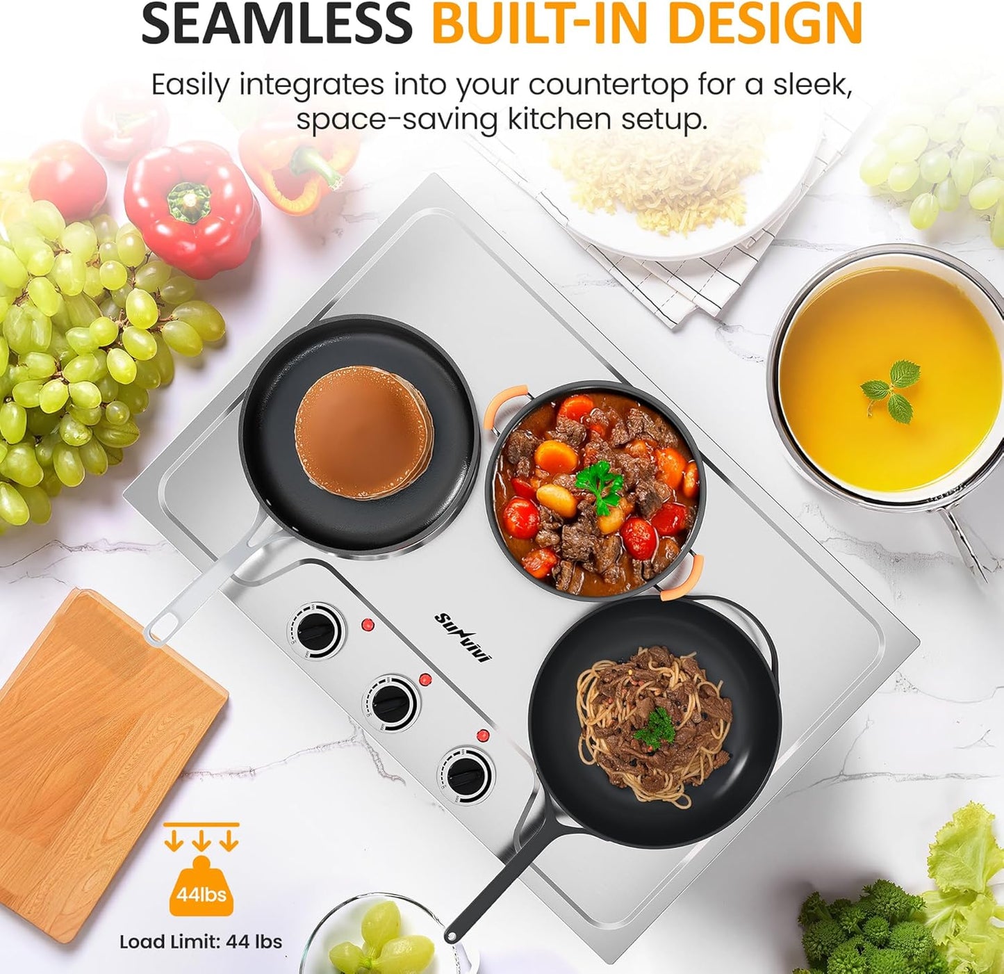 Sunvivi 1800W Triple Burner Portable Electric Ceramic Stove – Knob Control, Indicator Light, Compatible with All Cookware, Ideal for Multiple Cooking Scenarios, Silver