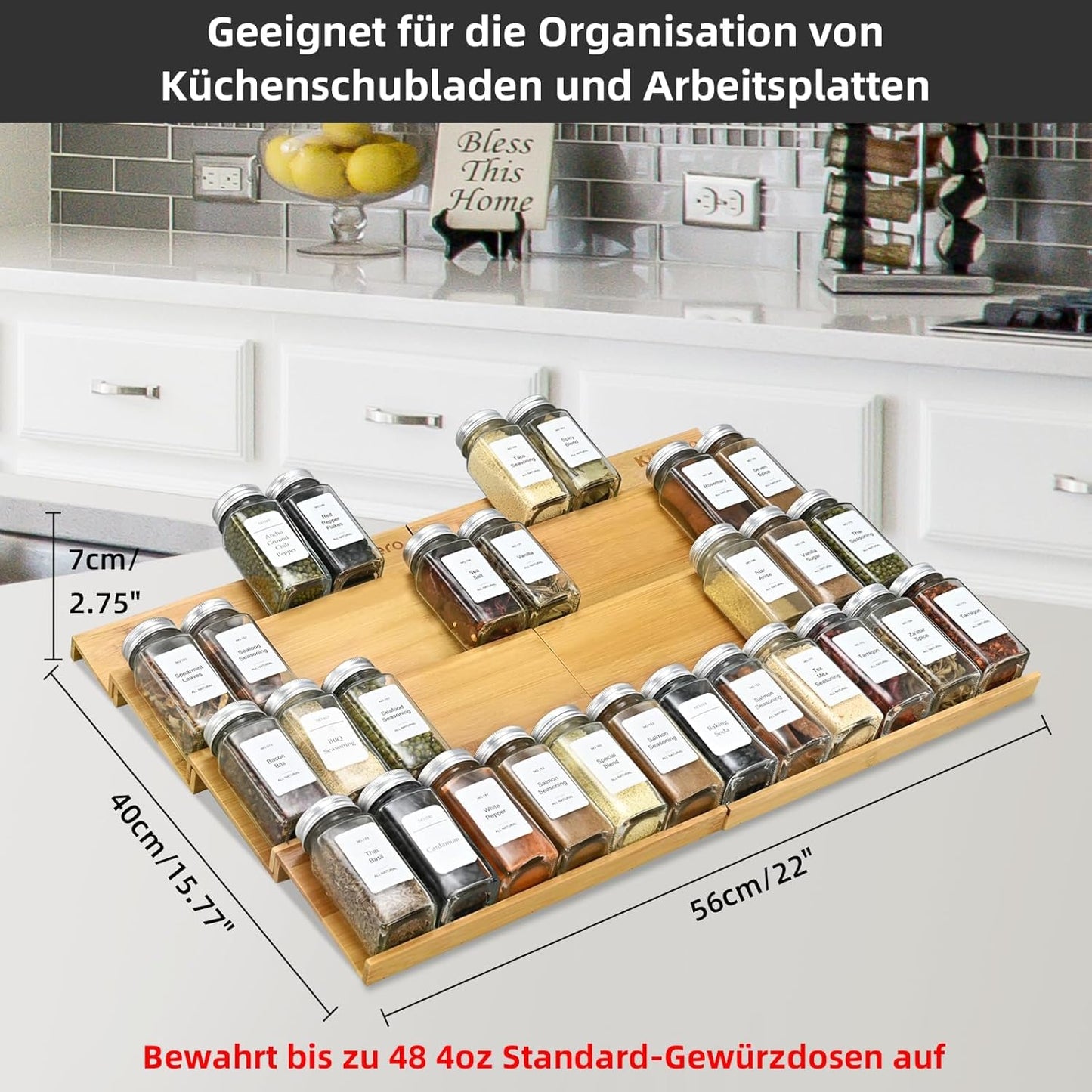 Spice Drawer Organzier,4 Tiers- 8Pcs Bamboo Spice Rack Tray Insert for Cabinet Drawer Countertop, Kitchen Seasoning Storage Drawer Organization,22" Wide x 15.8" Deep (Hold UP To 48 Jars