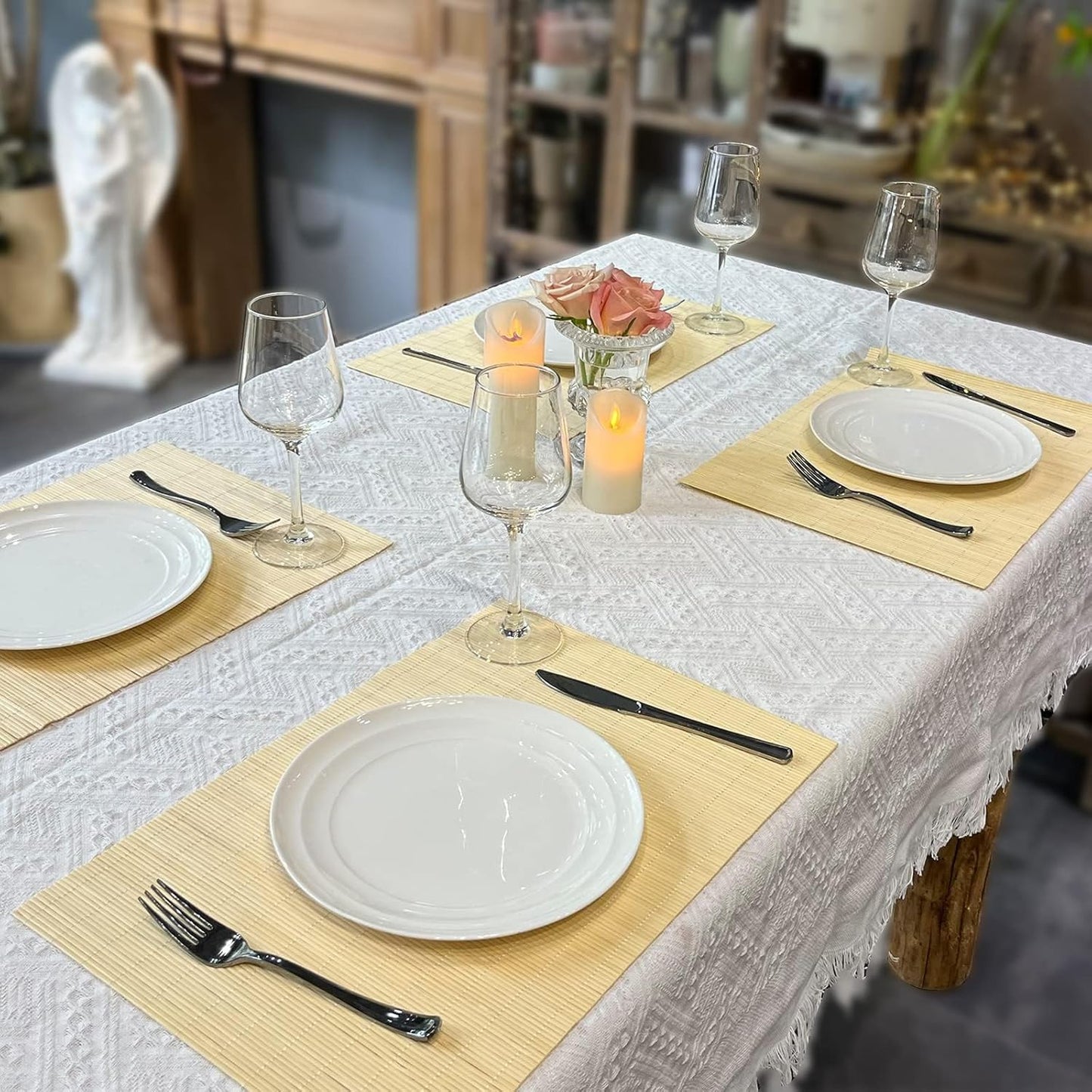 ANDSTAR Bamboo Placemats Set of 8 Waterproof - 12x18 Inch Reusable Table Mats for Dining, Eco-Friendly Heat Resistant Dishwasher Safe Kitchen Decor, Farmhouse Style Home Gift (Natural Color)