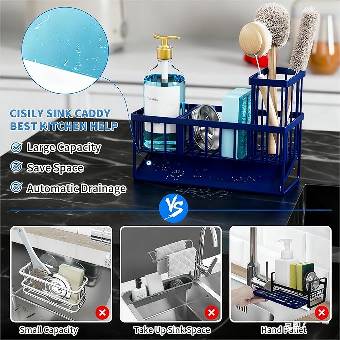 Cisily Navy Blue Sink Caddy Organzier with High Brush Holder, Sponge Holder for Sink, 304 Rustproof Stainless, Kitchen Countertop Soap Dispenser Organizer, Gray Blue Kitchen Decor and Accessories