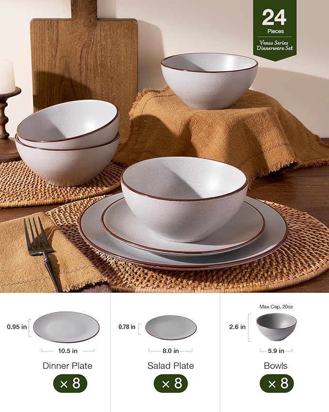 Famiware Venus Ceramic Plates and Bowls Sets, Speckled Dinnerware Dish Sets for 8 (24 Pieces) - Microwave and Dishwasher Safe, Matte Light Grey