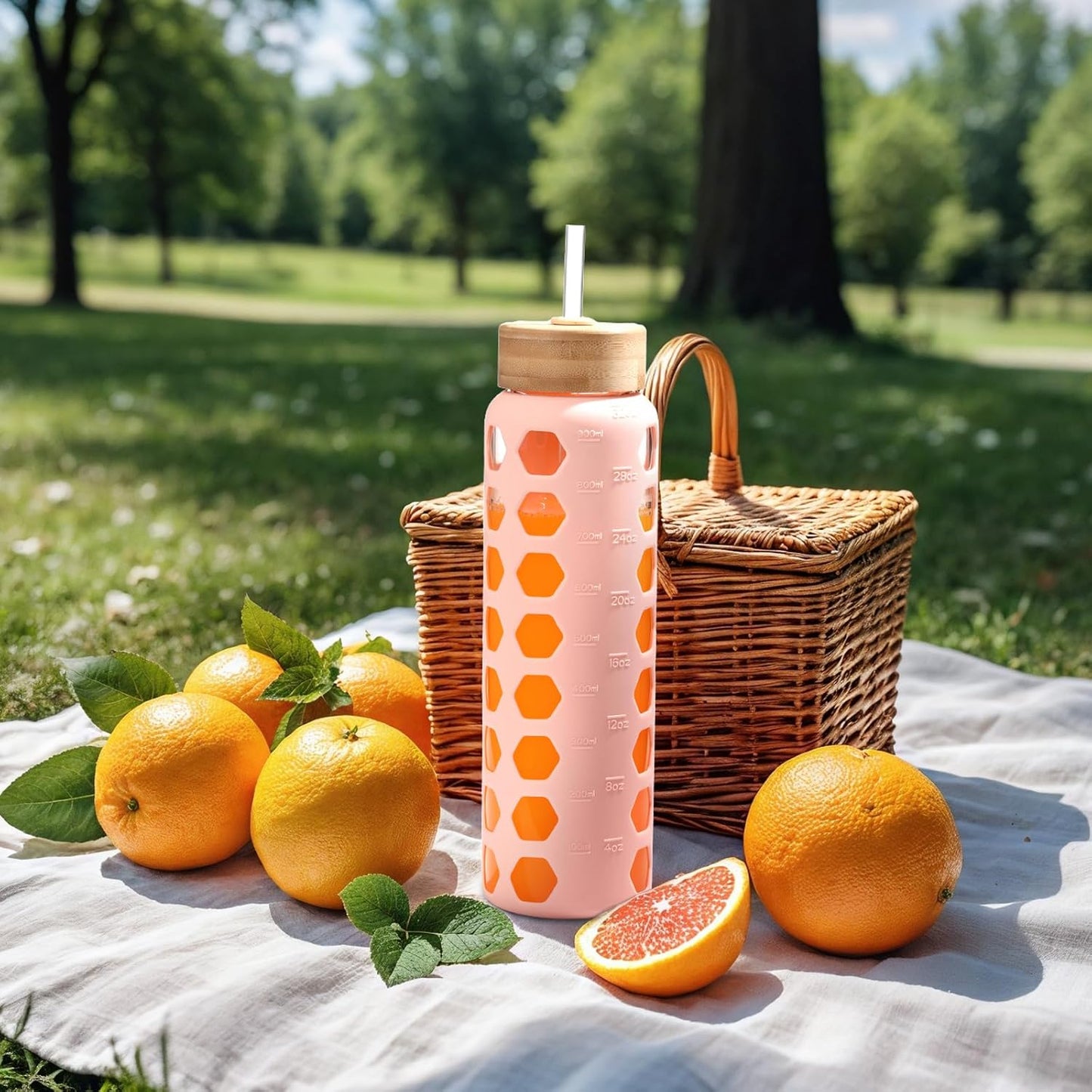 MUKOKO Glass Water Bottles, 32oz Glass Tumbler with Straw, Drinking Bottles with 2 Lids-Handle Spout Lid&Bamboo Straw Lid, Motivational Water Bottle with Time Marker and Silicone Sleeve, 1 Pack-Pink