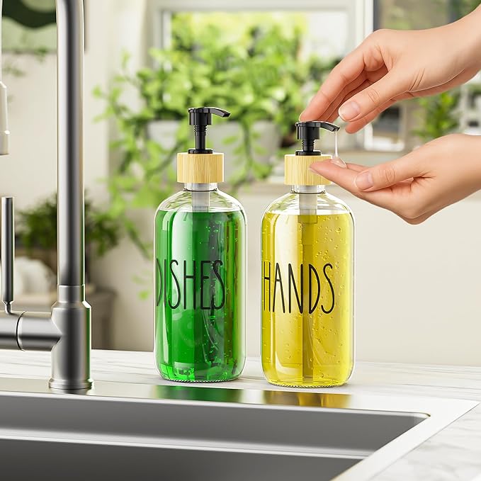 Cisily Dish Soap Dispenser Set with 2 Pack 16.9oz Clear Glass Bottle, Dish Soap Dispensers, Vintage Hand and Dish Soap Dispensers Set