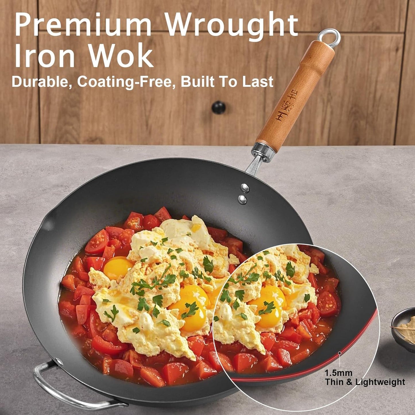 WANGYUANJI Iron Wok,12.59 inch Woks for Stir-fry, Chinese Stir Fry Pan Uncoated, Traditional Flat Bottom Iron Pot for Induction, Electric, Gas, Suitable for All Stoves(Pure Iron Wok)