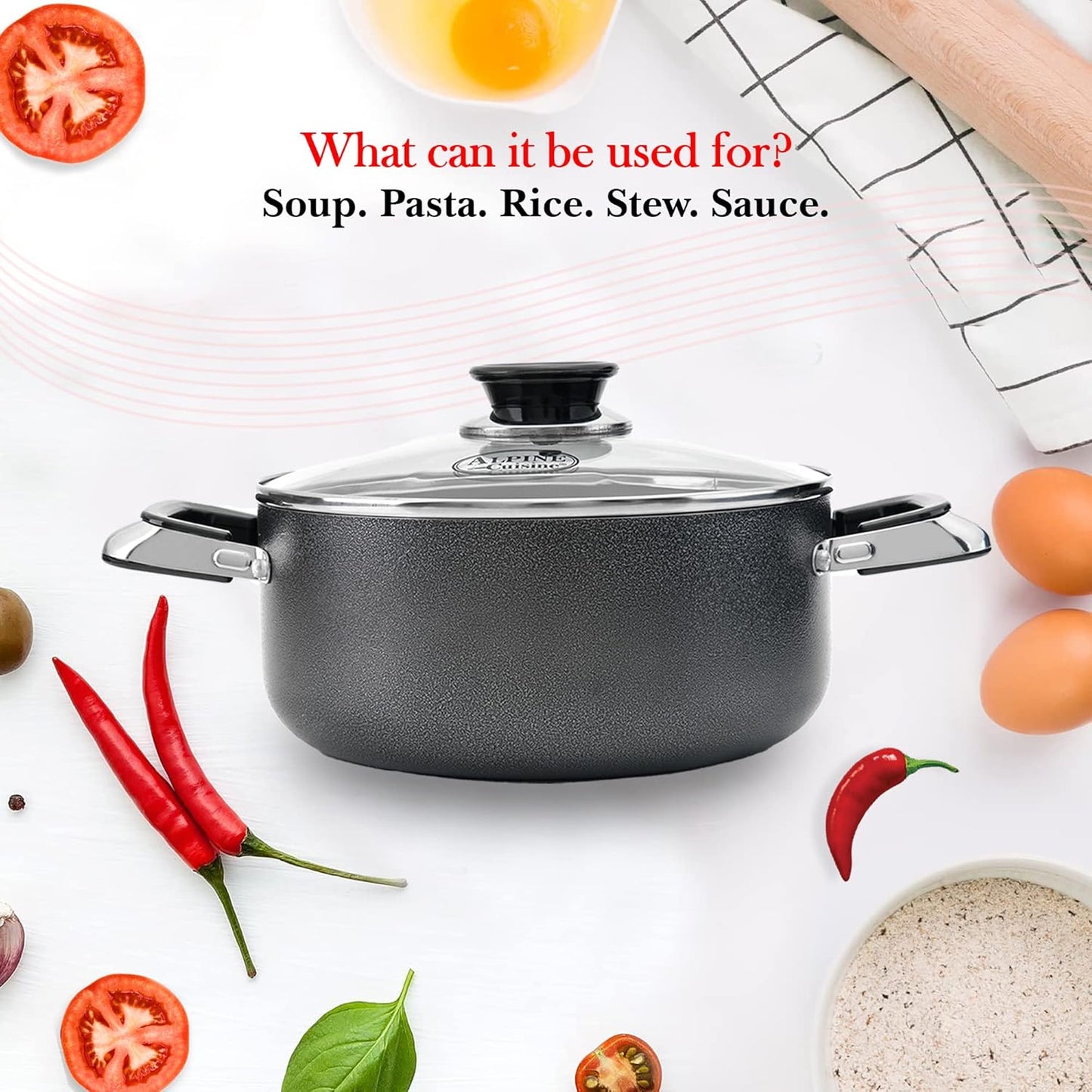 Alpine Cuisine 3 Quart Non-stick Stock Pot with Tempered Glass Lid and Carrying Handles, Multi-Purpose Cookware Aluminum Dutch Oven for Braising, Boiling, Stewing