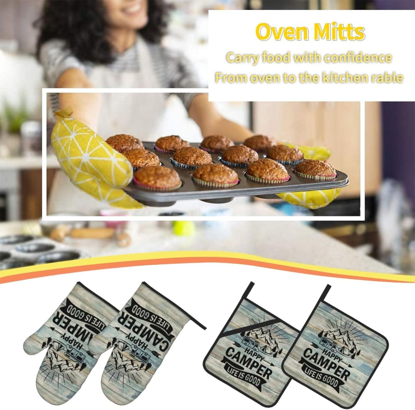 Happy Camper Oven Mitts and Pot Holders Sets of 4,Resistant Hot Pads with Polyester Non-Slip BBQ Gloves for Kitchen,Cooking,Baking,Grilling