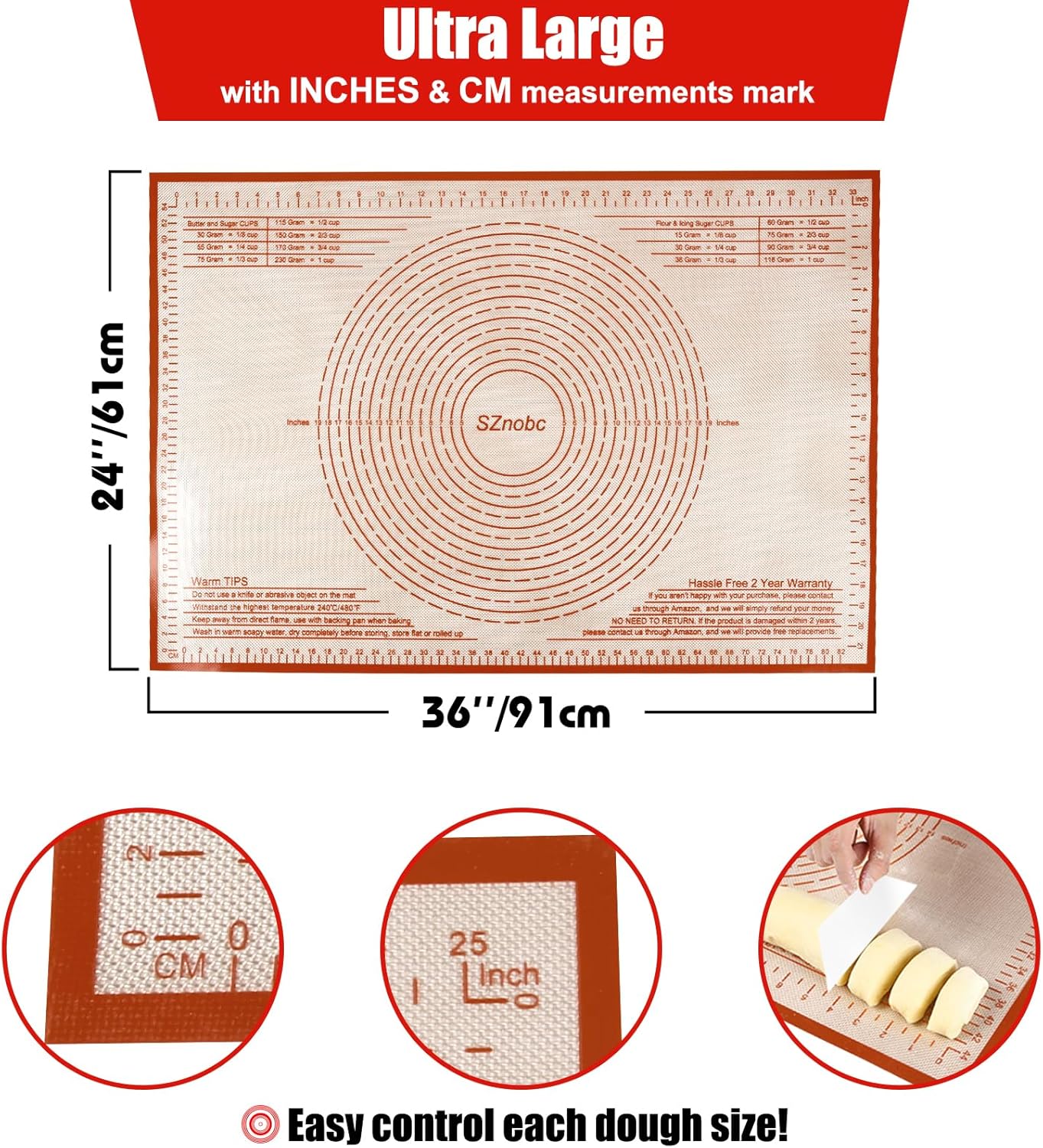 Silicone Baking Mat 36x24 Inch Nonstick Pastry Mat Perfect for Dough Mat, Pastry Board, Kitchen Counter Mat - For Dough, Pastry, Pie Crust, Fondant, Cookies, Bread, Pasta/Pizza, Red