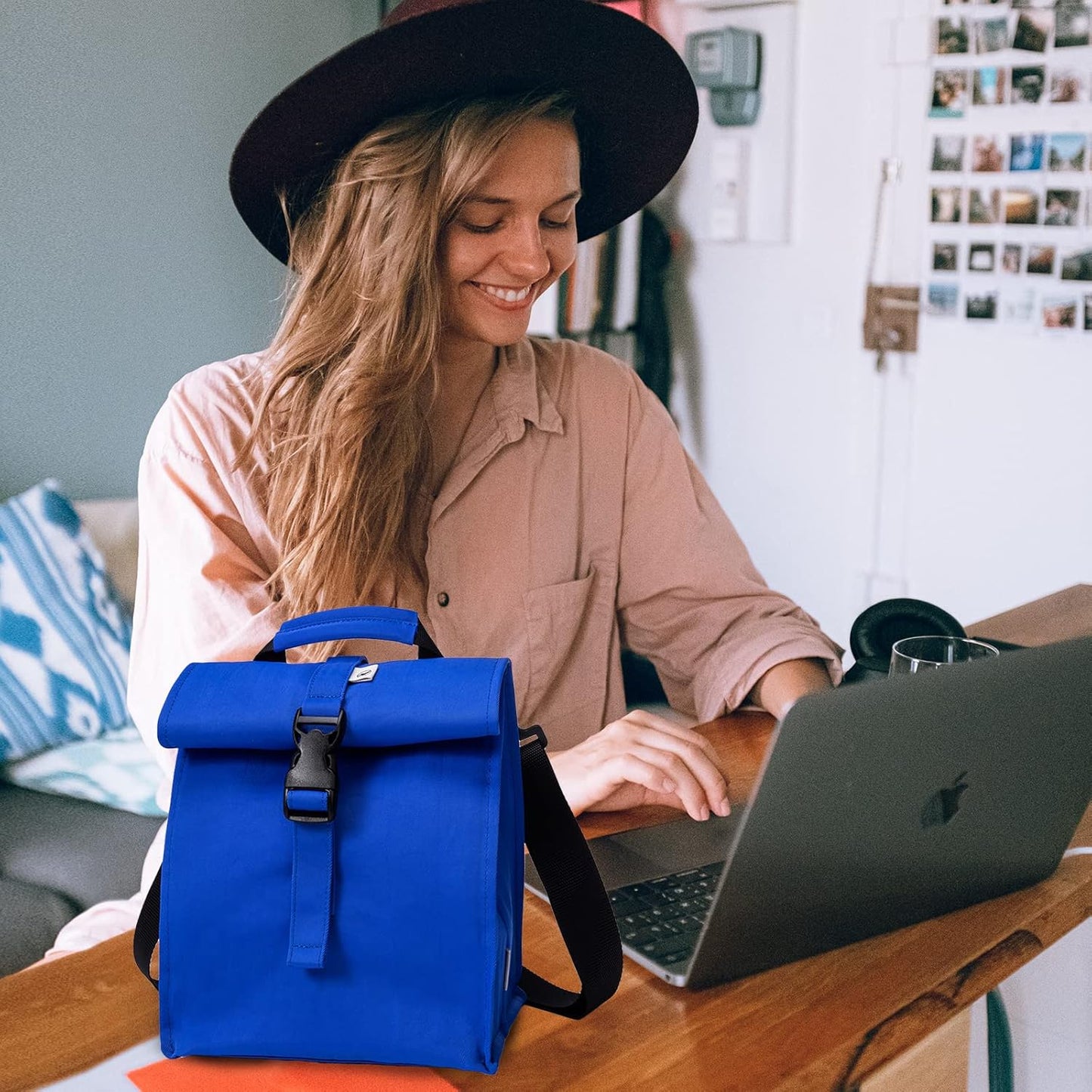 SUNNY BIRD Insulated Lunch Bag Rolltop Lunch Box Tote Lunchbox Bag for Women, Men, Adults and Kids (Blue)