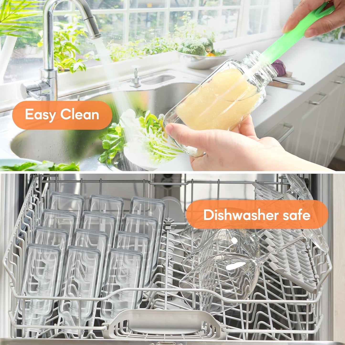 STARSIDE 12 oz Glass Juice Bottles with Lids 6 Pack - Square Reusable Drinking Jars for Juicing, Milk, Kombucha - Includes 1 Bottle Brush, 6 Colored Labels