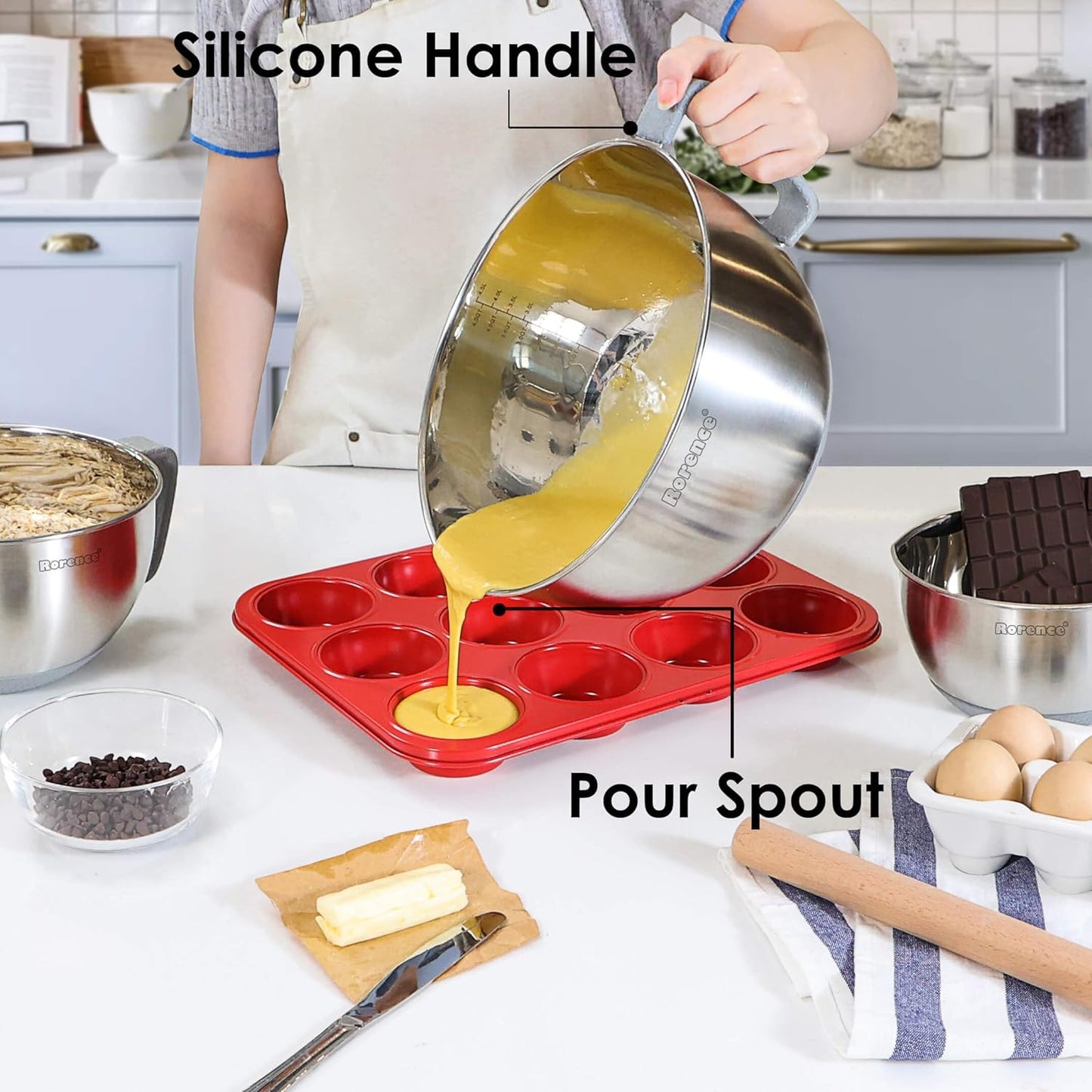 Rorence Mixing Bowls Set: Stainless Steel Non-Slip Bowls with Pour Spout, Handle and Lid - Set of 3 - Gray