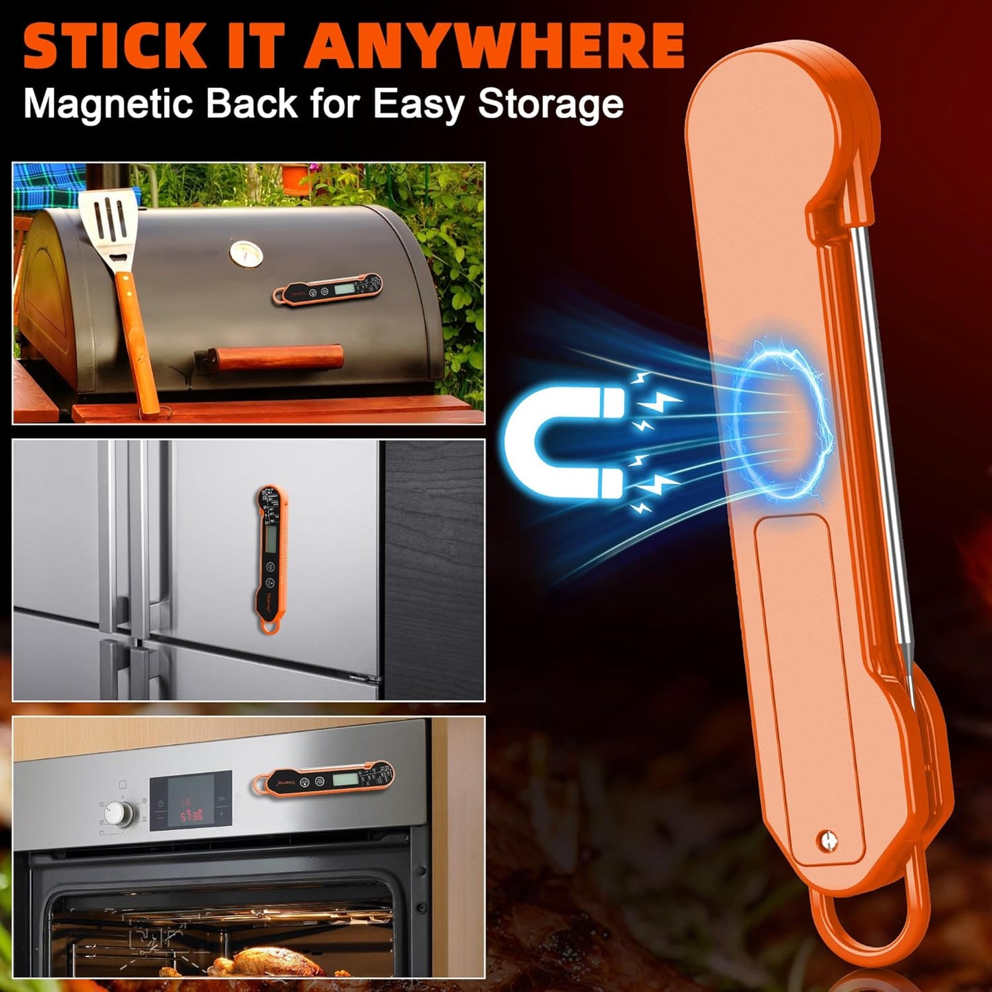 Digital Meat Thermometer Instant Read - Ultra Fast 1s Reading, Waterproof with Backlight & Motion Sensor for BBQ, Grilling, Smoker, Candy, Oil (Orange)