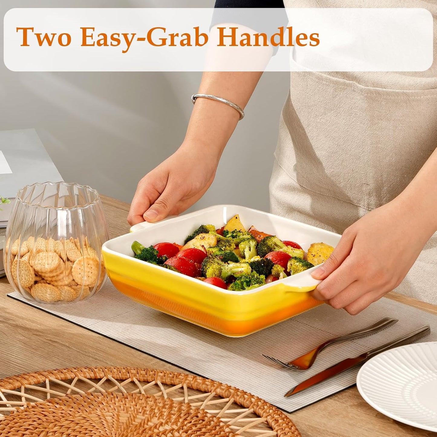 NUTRIUPS 8x8 inch Square Baking Dish, 50 Oz /1.6 Qt Ceramic Baking Pan with Handles, Casserole Dish for Oven, Porcelain Bakeware (Gradient Yellow)