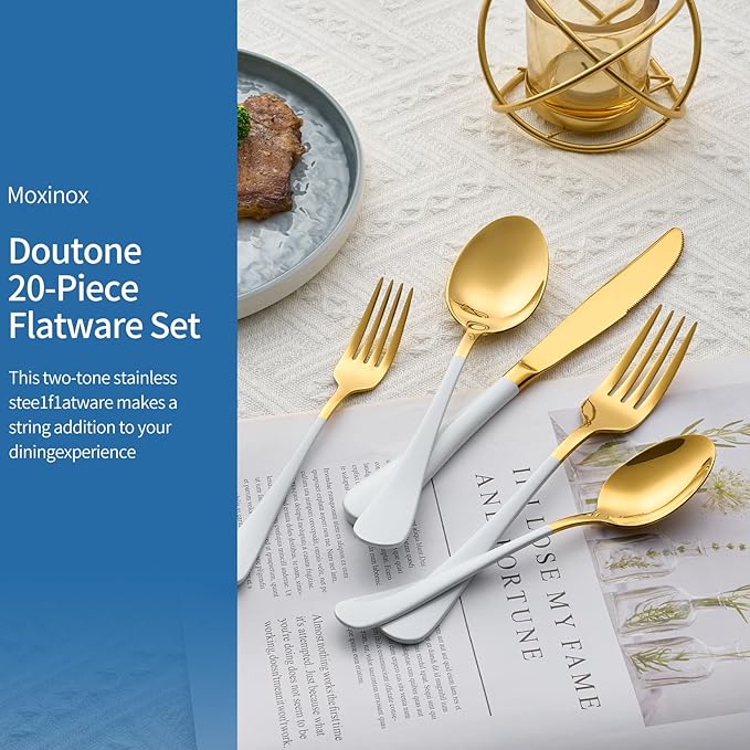 20-Piece White & Gold Silverware Set, 18/0 Stainless Steel Colorful Handle Flatware Set,Service for 4,Modern Cutlery Set Includes Dinner Knives Forks Spoons,Mirror Polished,Dishwasher Safe