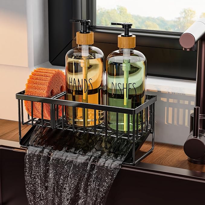 Cisily Kitchen Dish Soap Dispenser Set with Black Sponge Holder and 2 Pack 16.9oz Clear Glass, Dish Soap Dispensers for Hitchen Sink, Vintage Hand and Dish Soap Dispensers Set