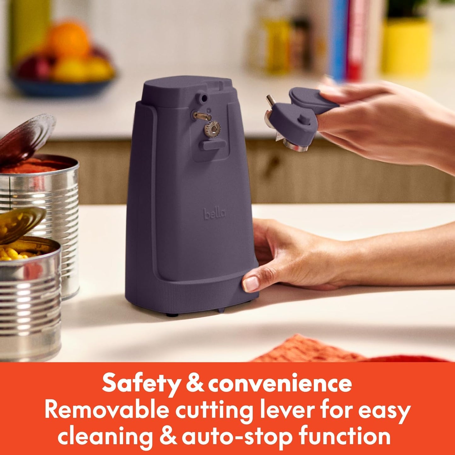 bella Electric Can Opener and Knife Sharpener, Multifunctional Jar and Bottle Opener with Removable Cutting Lever and Cord Storage, Stainless Steel Blade, Plum