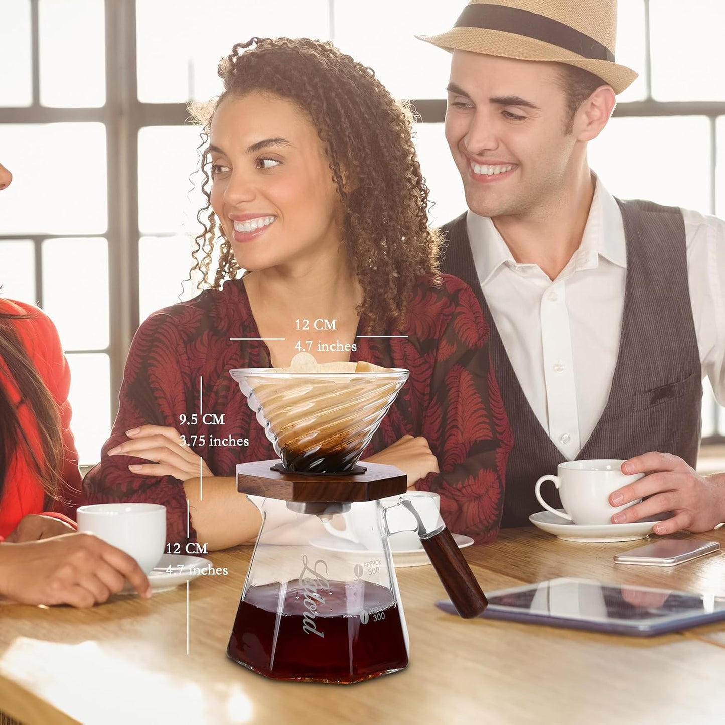 Pour Over Coffee Maker, 20 oz Borosilicate Glass Set with 100 pcs V60 Paper Filter, Walnut Collar & Glass Lid, Drip Coffee Maker, 1-3 Cups, Clear (B-600 ml Set)