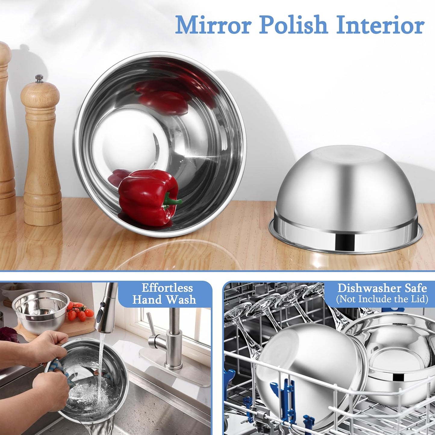 LIANYU Mixing Bowls with Lids Set of 3, Large & Small Stainless Steel Nesting Metal Bowls for Kitchen Storage, Dishwasher Safe, Size 1.5QT & 3QT & 4.6QT, Black