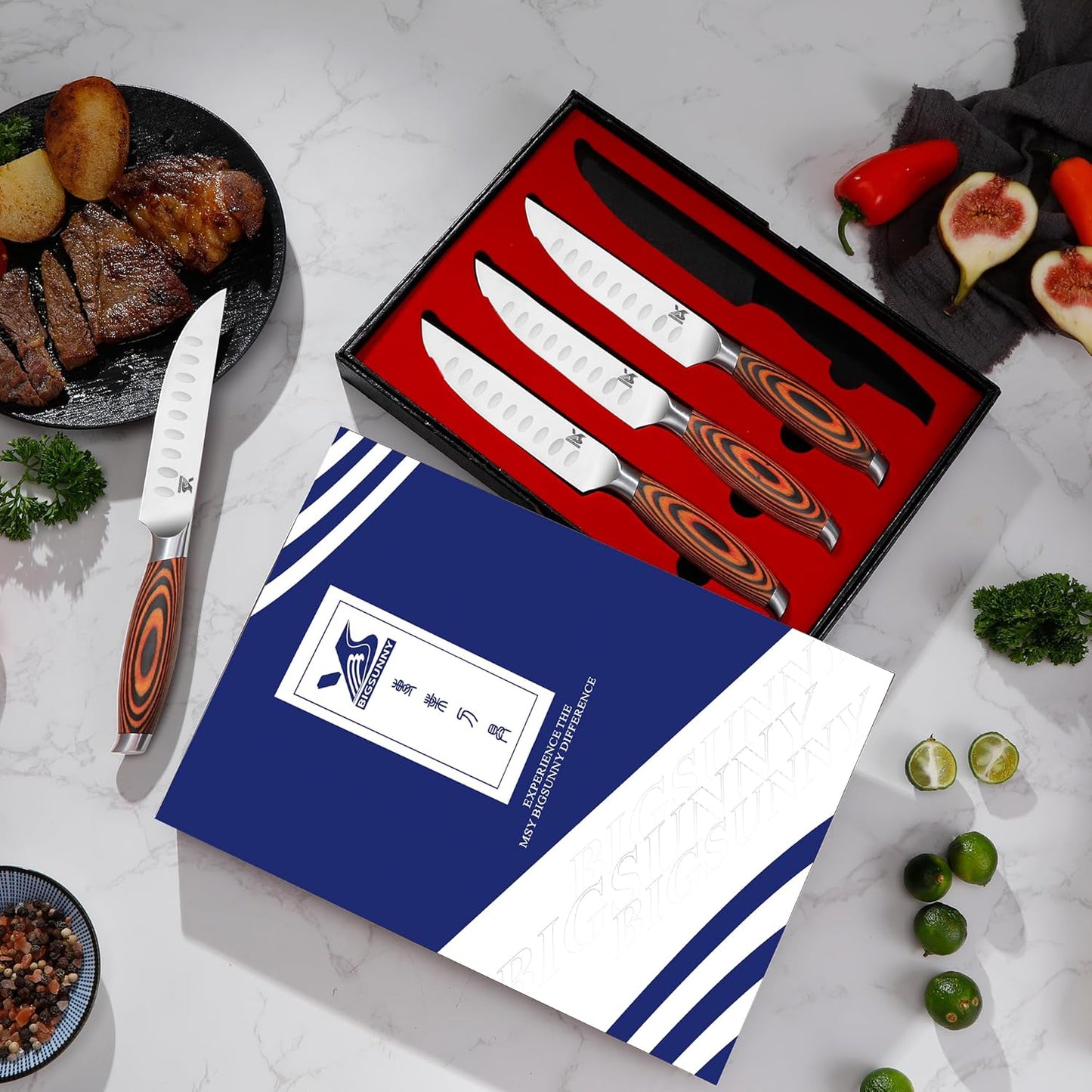 MSY BIGSUNNY Steak Knife Set, 4-Piece, German Steel 5-Inch Blade, High-end Ergonomic Handle Steakhouse Knife Set (Steak Knife Set 5")