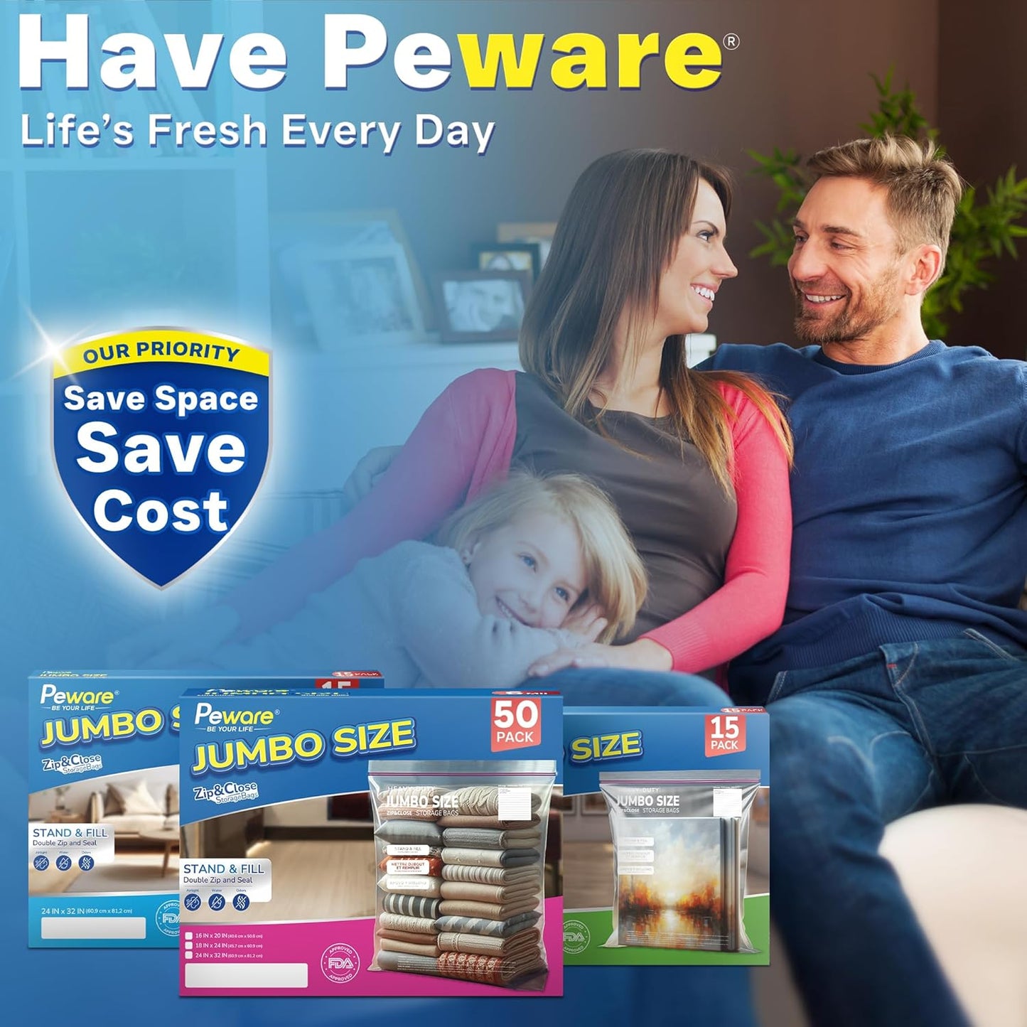 Large Storage Bags, 24"x32" Jumbo Plastic Bag, BPA Free, 20 Gallon 3X Zipper Lock Baggies for Clothes Pillow Travel Moving - 100 Mega Bags