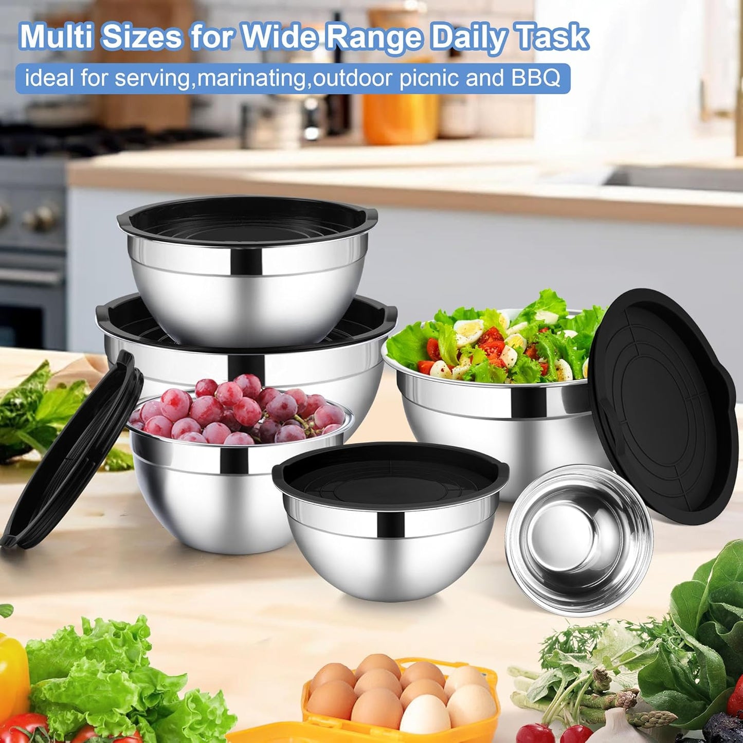 LIANYU Stainless Steel Mixing Bowls with Lids Set, Kitchen Nesting Metal Bowl Set of 6, Ideal for Salad Baking Cooking Serving Food Storage, Size 7, 3.5, 2.5, 2, 1.5, 1QT, Dishwasher Safe, Black