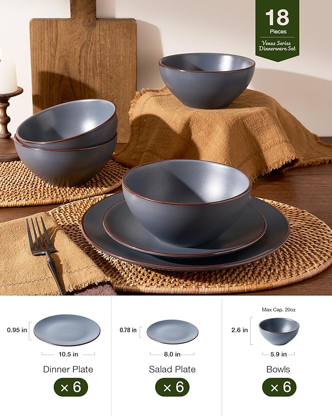 Famiware Venus Plates and Bowls Sets, 18 Pieces Stoneware Dinnerware Sets, Speckled Dishes Set for 6, Microwave and Dishwasher Safe, Matte Charcoal
