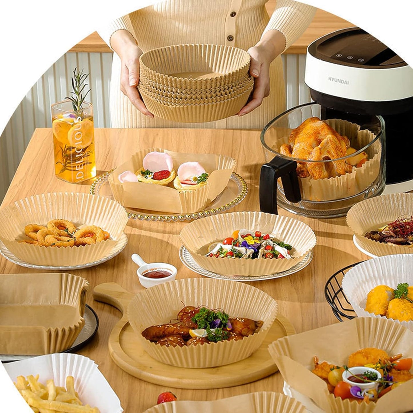 Air Fryer Disposable Paper Liner Square 6.3inch-7.9inch 100PCS Natural Baking Parchment Paper Air fryer liners,Oil-Proof High Temperature,for Air Fryers,Ovens,Pan and Microwaves