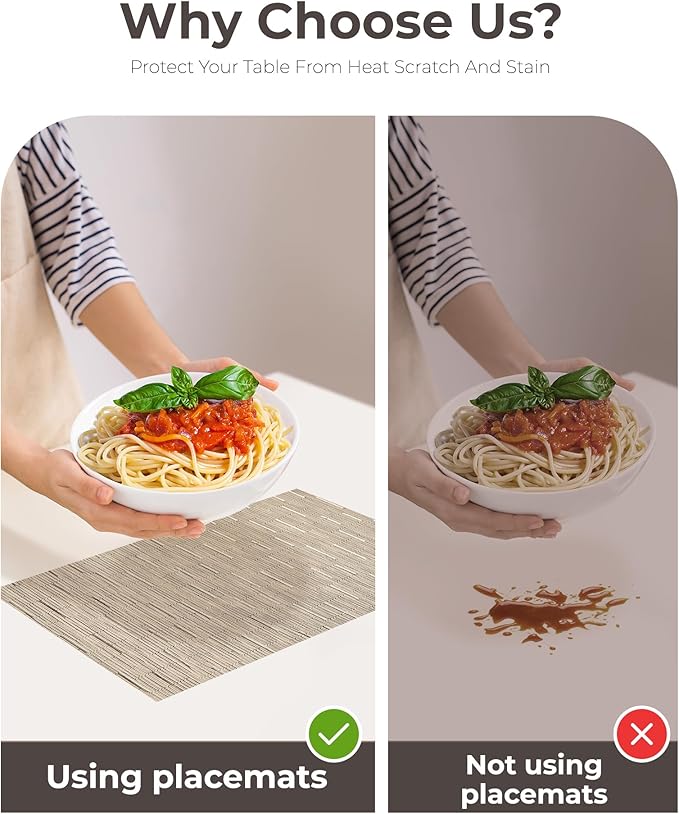 Leetaltree Light Brown Placemats Set of 6 - Heat Resistant Non-Slip Place mats for Dining Table, Washable Durable PVC Vinyl Woven Table Mats(Light Brown, 6)