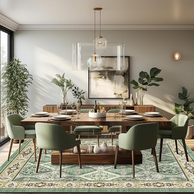 Area Rug for Living Room - Vintage Indoor Machine Washable Rug for Bedroom Dinning Room Floor - Soft Low-Pile Carpet Non-Slip Backing Floral Rugs Office (Green, 8' × 10')